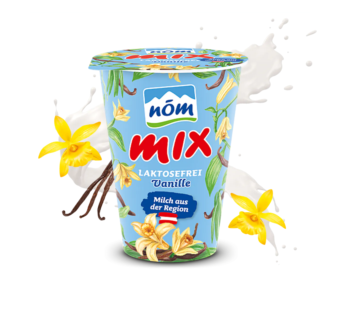NÖM mix Vanille laktosefrei Joghurt im Becher mit gezeichneten Vanilleschoten und Blüten NÖM mix Vanille laktosefrei Joghurt im Becher mit gezeichneten Vanilleschoten und Blüten