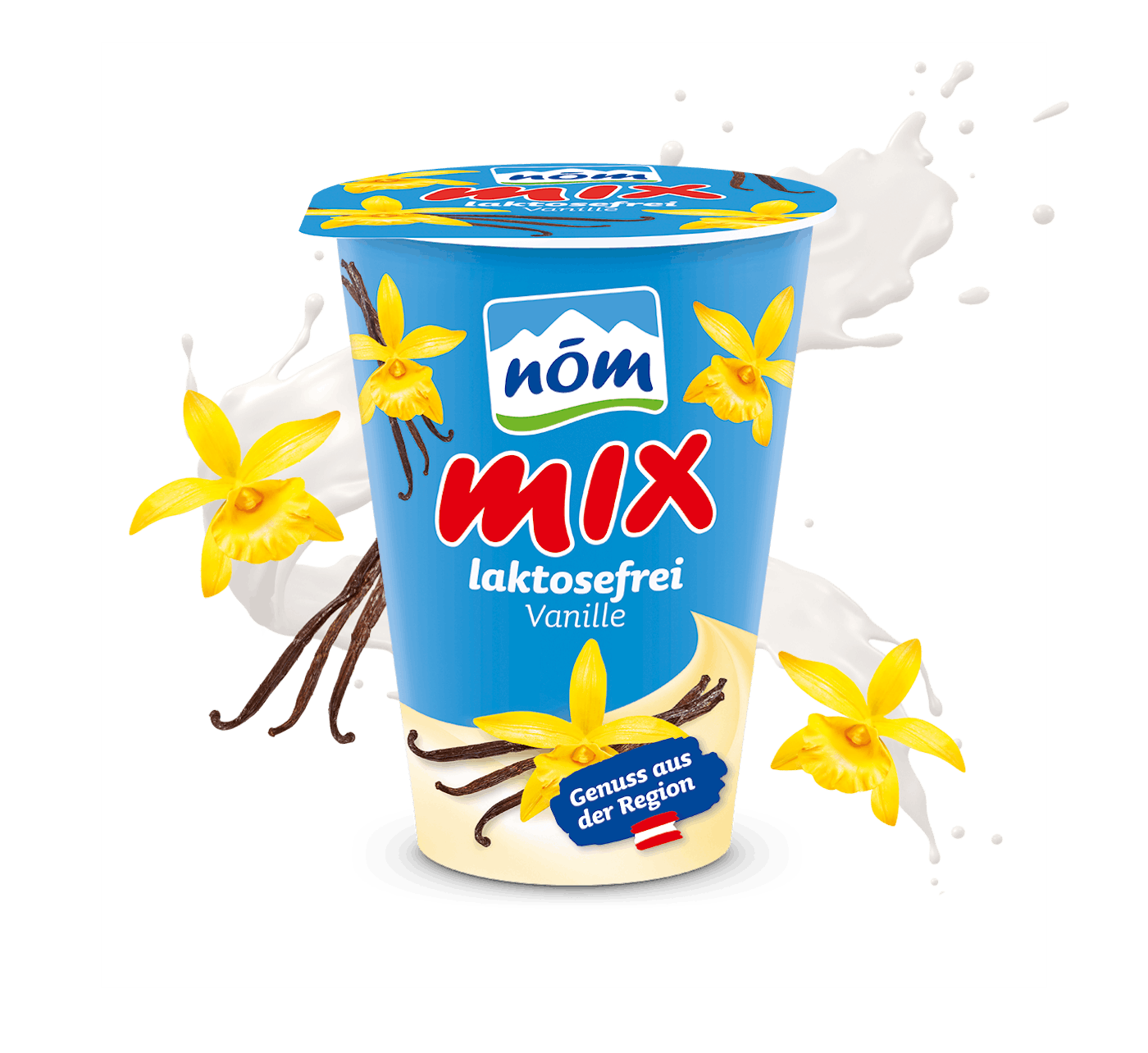 NÖM mix Vanille laktosefrei Joghurt im Becher mit Vanilleschoten und Blüten NÖM mix Vanille laktosefrei Joghurt im Becher mit Vanilleschoten und Blüten