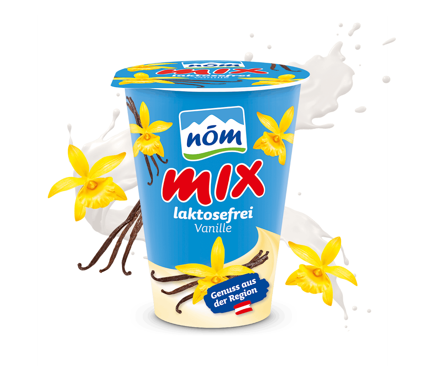 NÖM mix Vanille laktosefrei Joghurt im Becher mit Vanilleschoten und Blüten