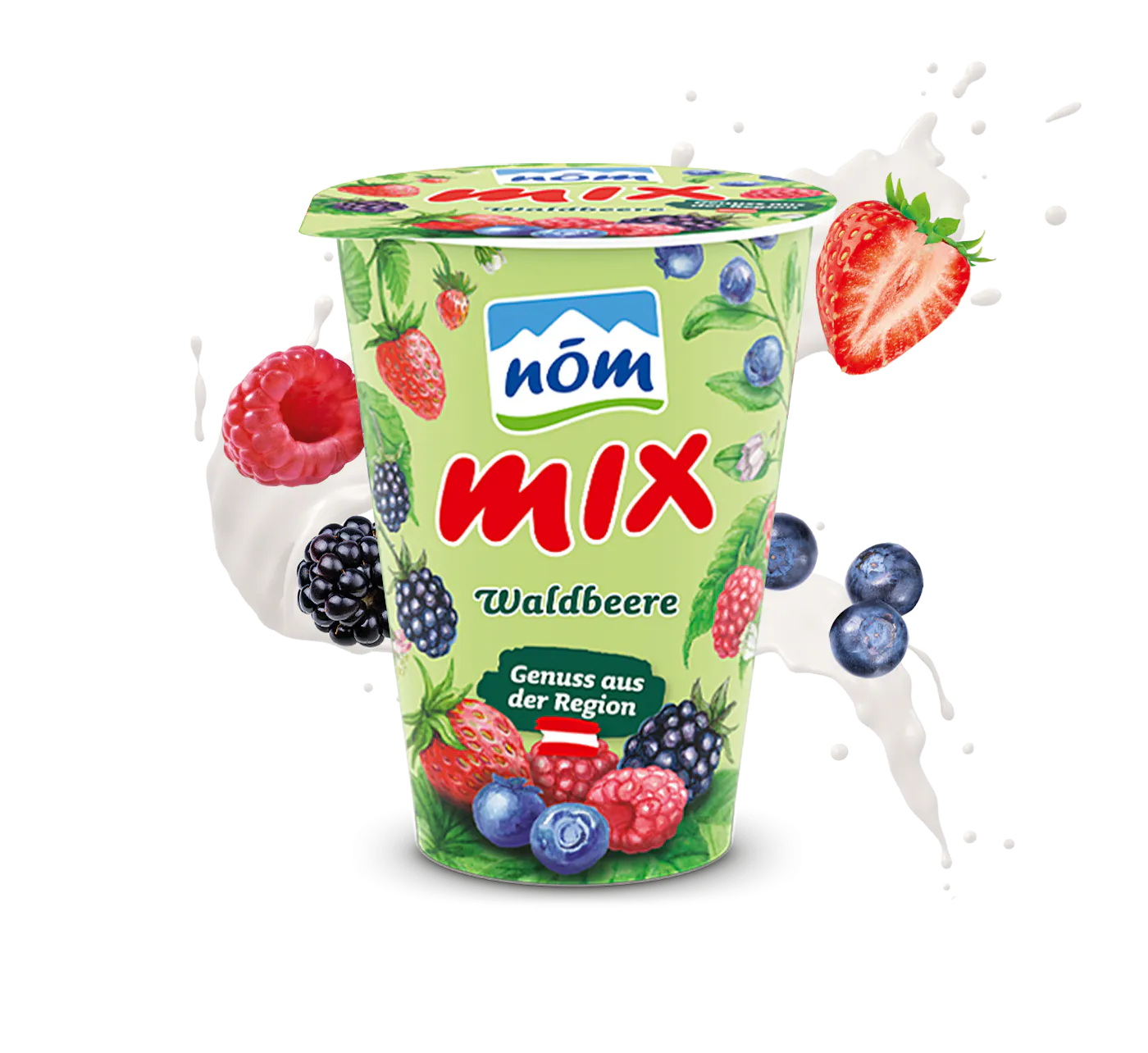 NÖM mix Waldbeere im Becher mit gezeichneten Früchten und Swirl NÖM mix Waldbeere im Becher mit gezeichneten Früchten und Swirl