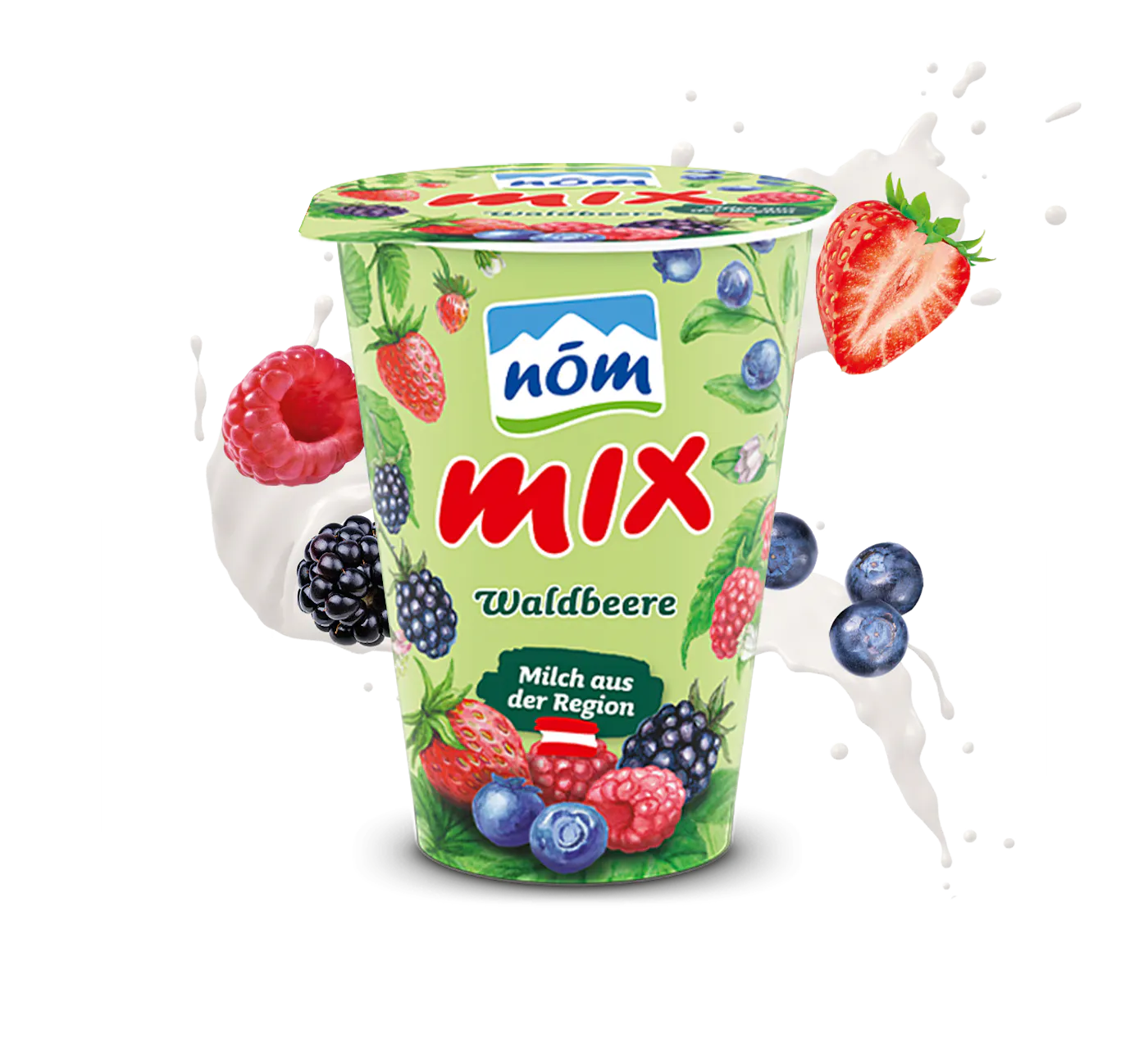 NÖM mix Waldbeere im Becher mit gezeichneten Früchten und Swirl