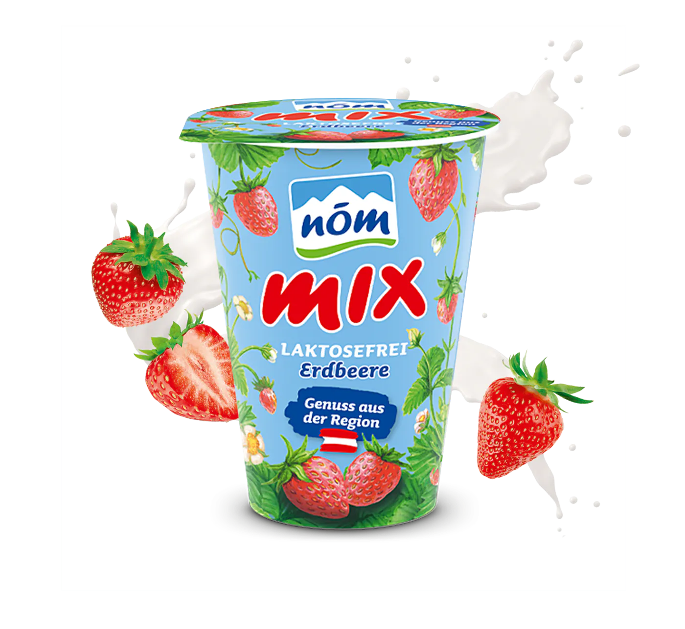NÖM mix laktosefrei Erdbeere mit gezeichneten Früchten