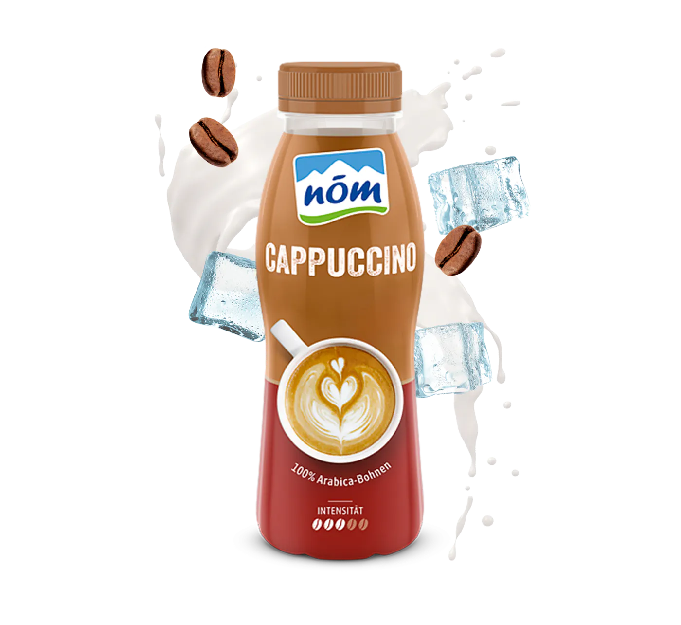 Braune Flasche „NÖM Cappuccino“ mit der Aufschrift „100% Arabica Bohne“, umgeben von Kaffeebohnen, Eiswürfeln und Milchspritzern; auf dem Etikett ist eine Tasse Cappuccino mit Latte Art abgebildet.