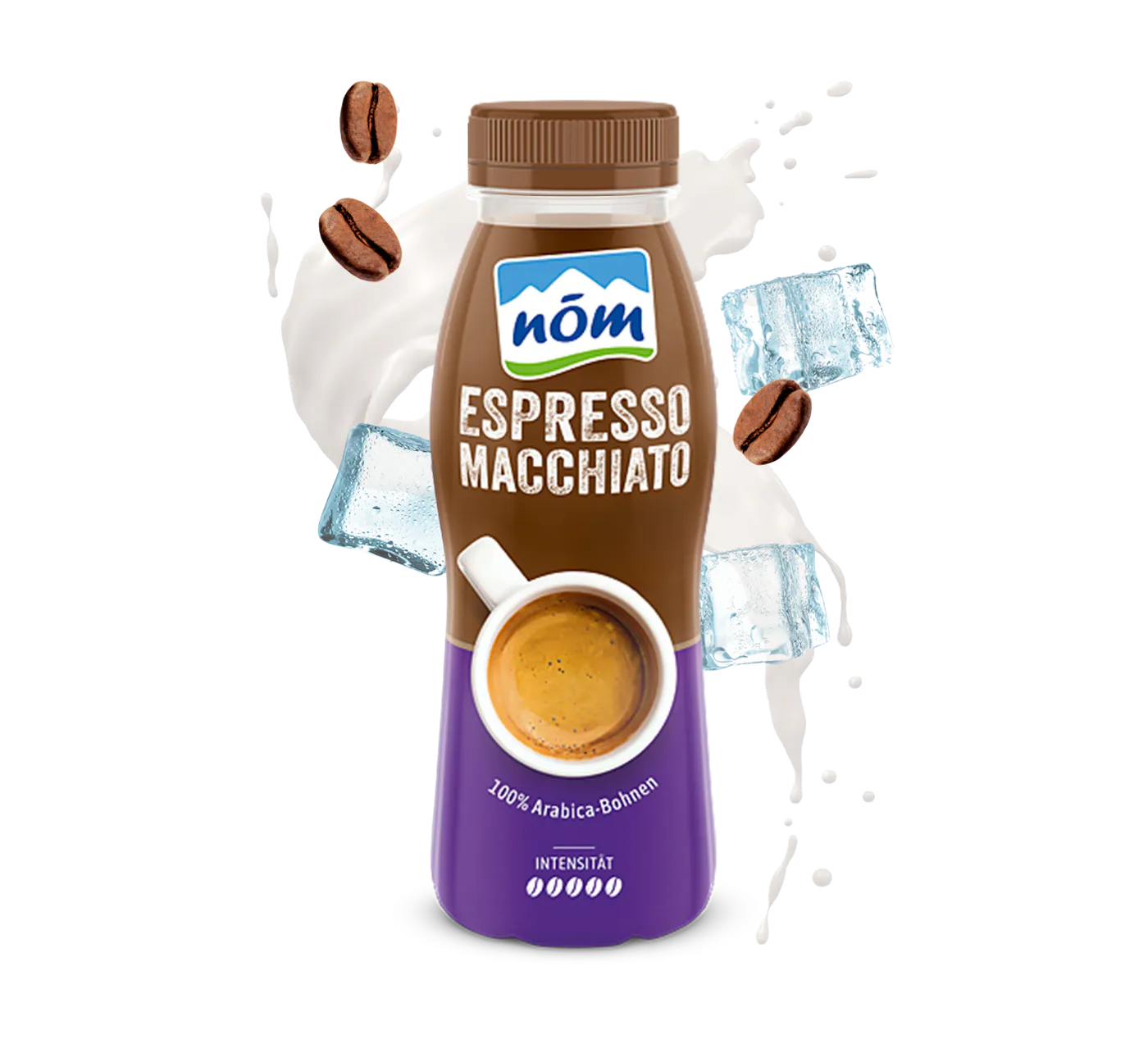 Flasche „NÖM ESPRESSO MACCHIATO“ mit braun-lila Etikett – umgeben von Milchspritzern, Eiswürfeln und Kaffeebohnen, 100 % Arabica Bohnen. Flasche „NÖM ESPRESSO MACCHIATO“ mit braun-lila Etikett – umgeben von Milchspritzern, Eiswürfeln und Kaffeebohnen, 100 % Arabica Bohnen.