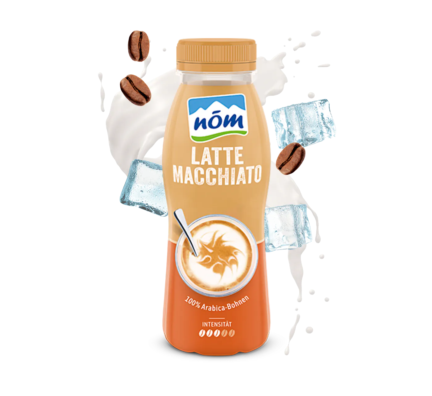 Flasche „NÖM LATTE MACCHIATO“ in hellbrauner Farbe mit der Aufschrift „100% Arabica“; umgeben von Milchspritzern, Eiswürfeln und Kaffeebohnen. Flasche „NÖM LATTE MACCHIATO“ in hellbrauner Farbe mit der Aufschrift „100% Arabica“; umgeben von Milchspritzern, Eiswürfeln und Kaffeebohnen.