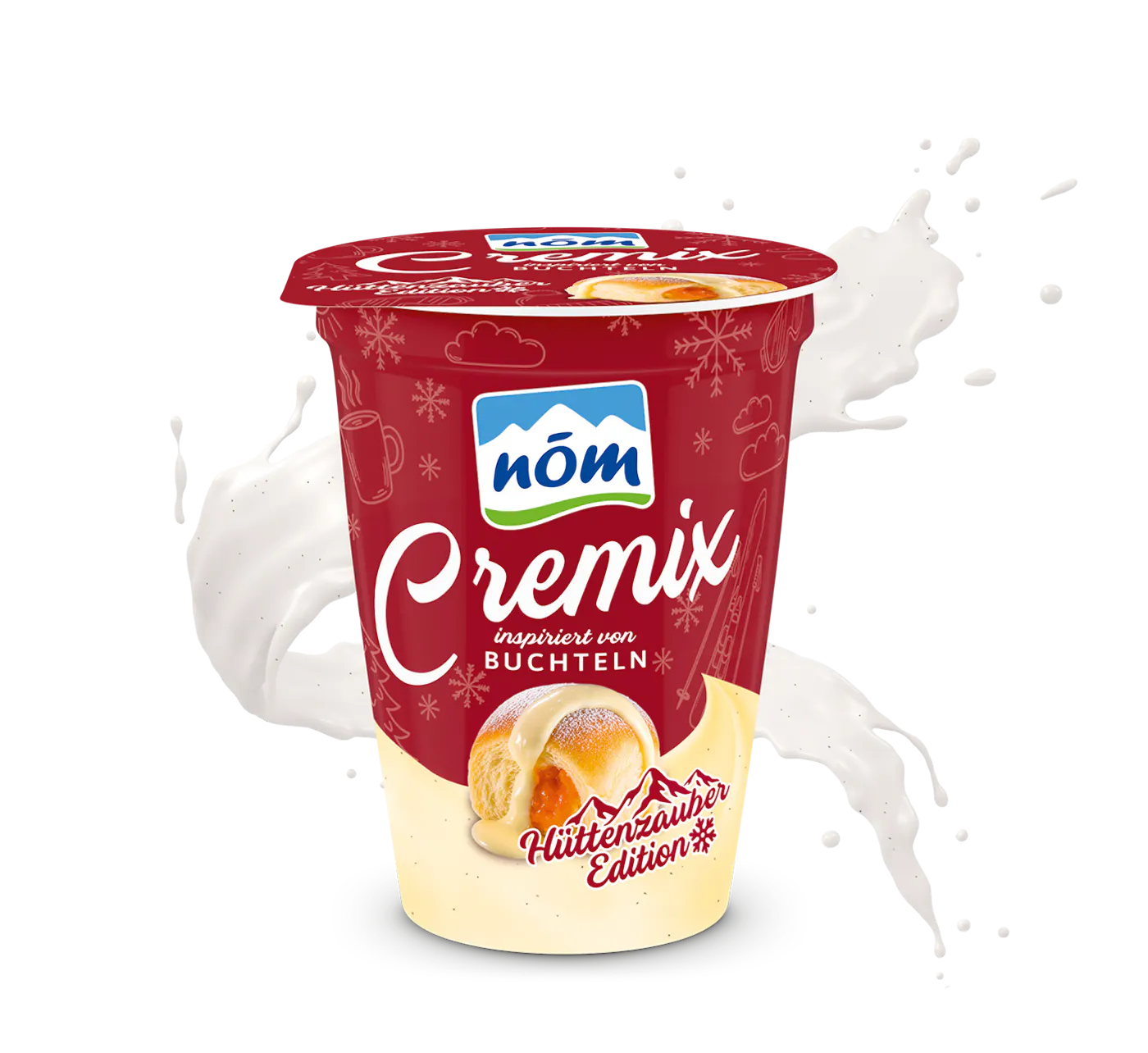 NOEM Cremix Hüttenzauber Buchteln Ein dunkelroter NÖM Cremix Becher in er Sorte Hüttenzauber Buchteln