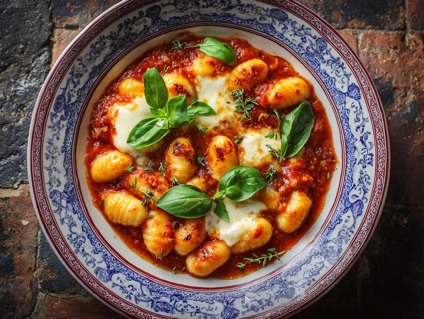 Gnocchi in einer roten Tomatensauce, überbacken mit Mozzarella und serviert mit frischem Basilikum.