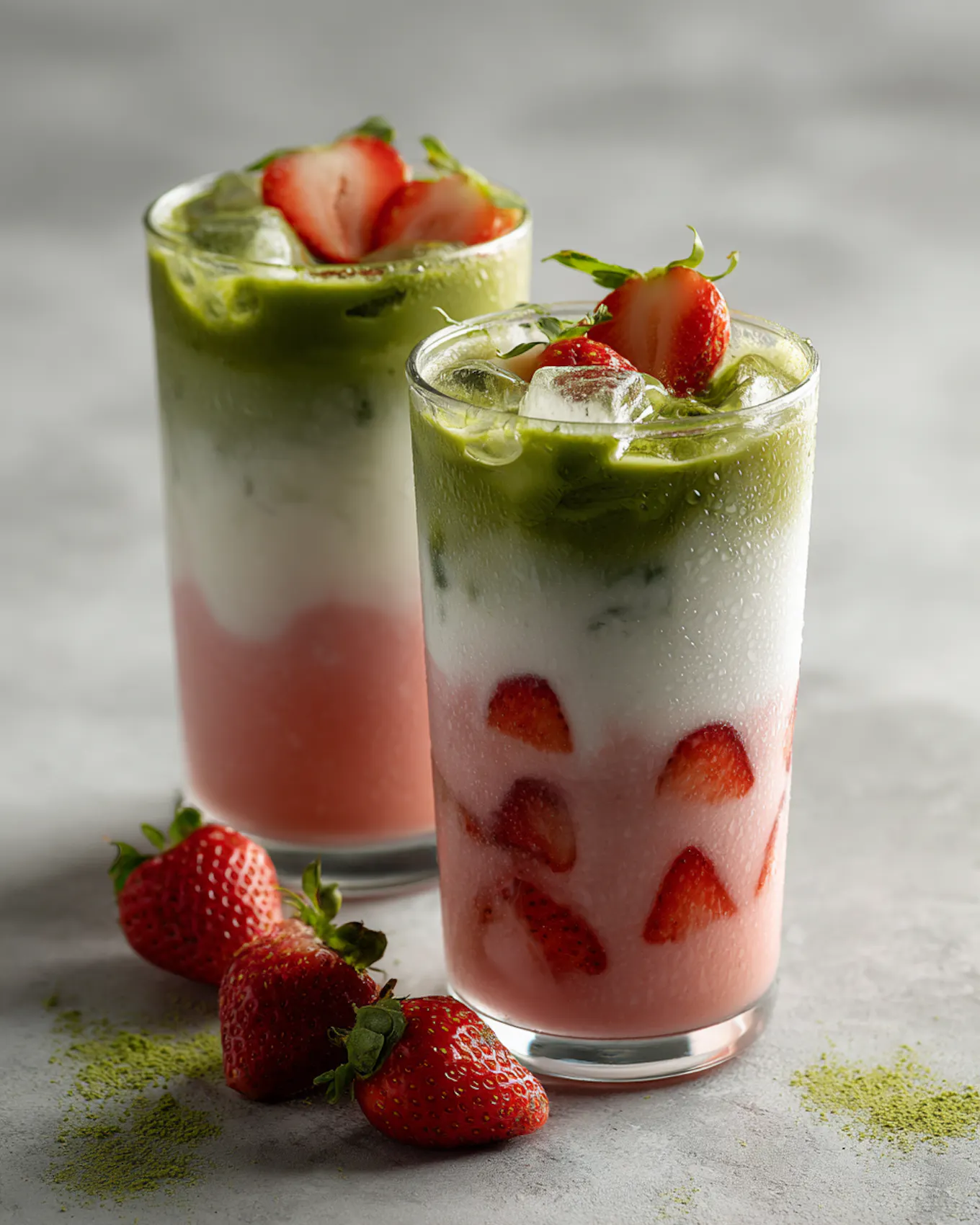 Iced Strawberry Matcha Protein Latte mit frischen Erdbeeren und dem NÖM PRO Skyr Drink Erdbeere