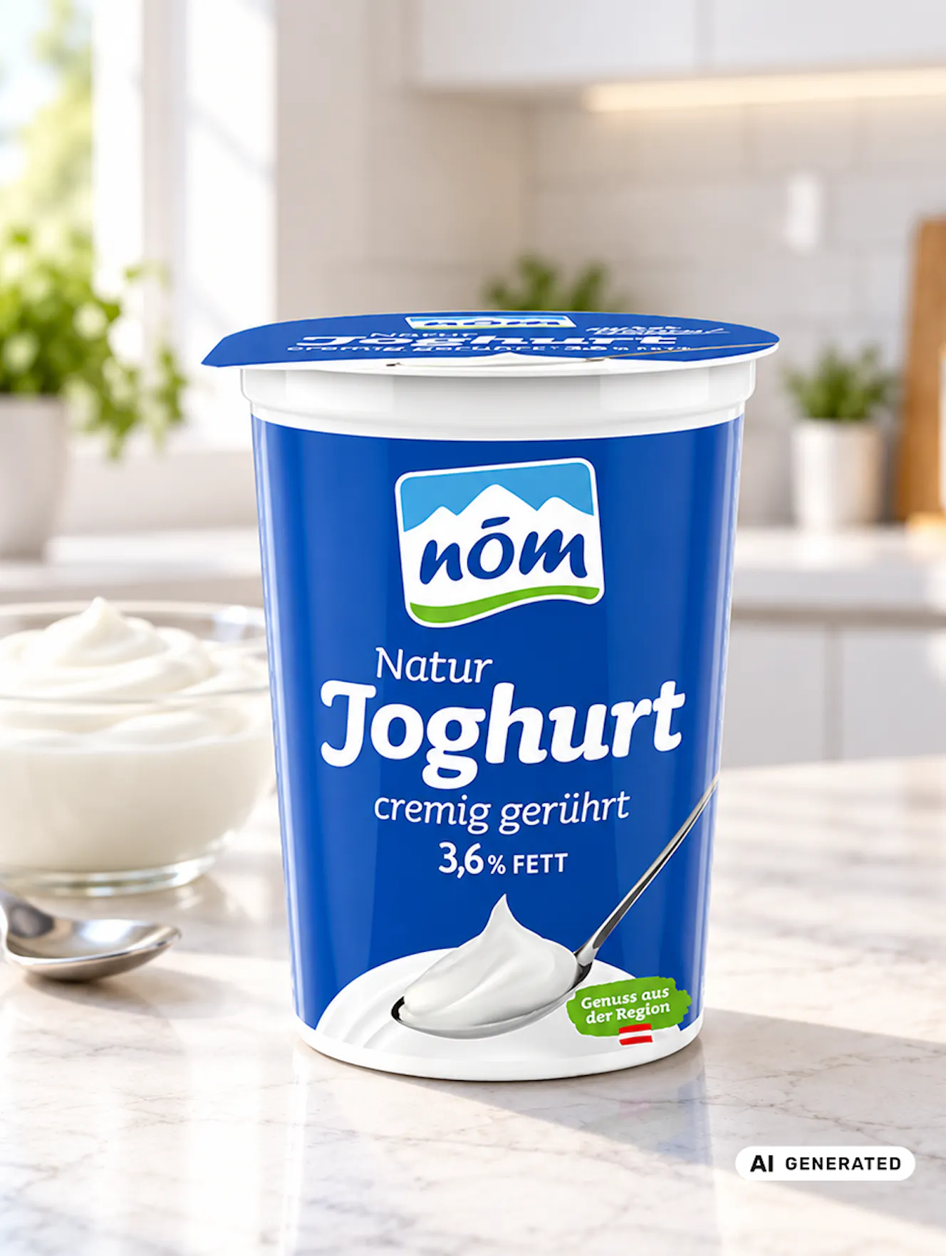 NÖM Naturjoghurt cremig gerührt 3,6 % Fett im blauen Becher auf einer hellen Küchenarbeitsplatte in einer modernen, cleanen Küche. Im Hintergrund ist eine Schale mit cremigem Naturjoghurt zu sehen. Das Produkt steht klar im Fokus. - teilweise KI-generiert
