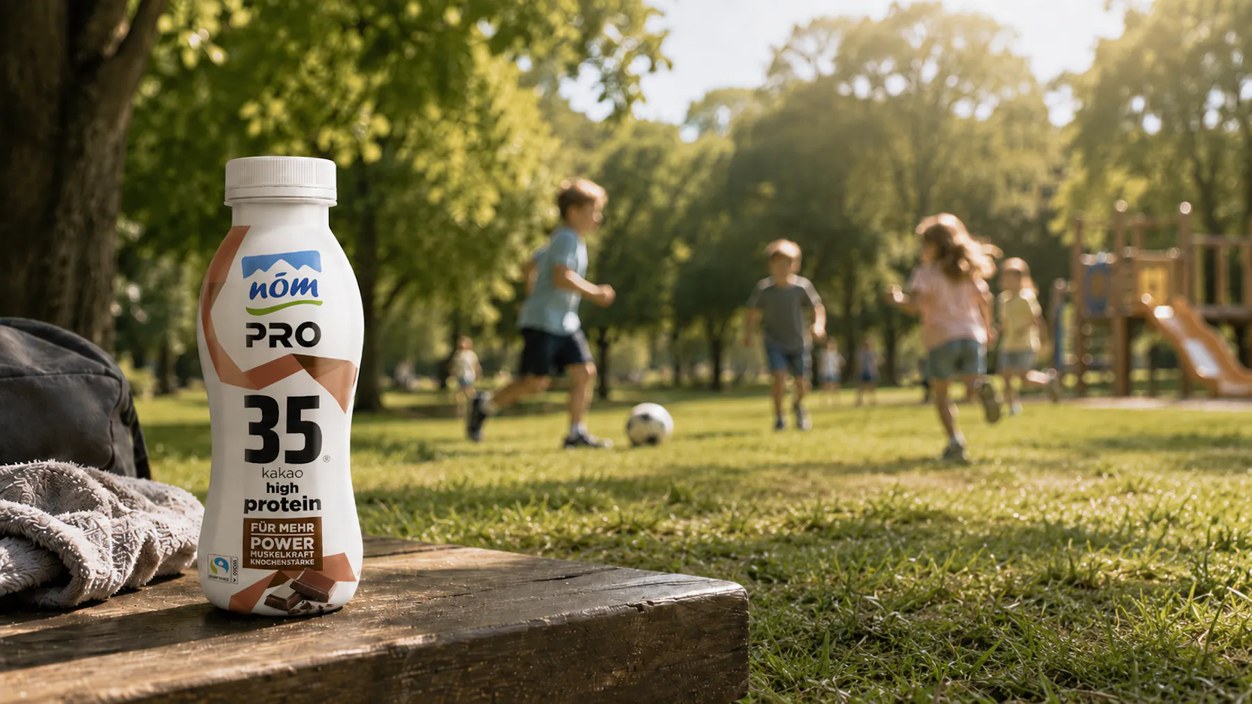 Eine NÖM PRO Drink Flasche in der Geschmacksrichtung Kakao; im Hintergrund fußballspielende Kinder auf einer grünen Wiese umringt von Bäumen Eine NÖM PRO Drink Flasche in der Geschmacksrichtung Kakao; im Hintergrund fußballspielende Kinder auf einer grünen Wiese umringt von Bäumen - teilweise KI-generiert