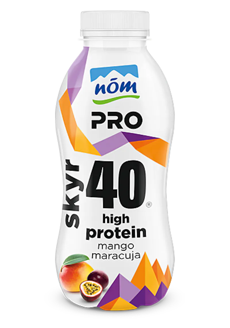 eine Flasche NÖM Skyr Drink 500g im Geschmack Mango-Maracuja in einem lila-orangen Farbprofil