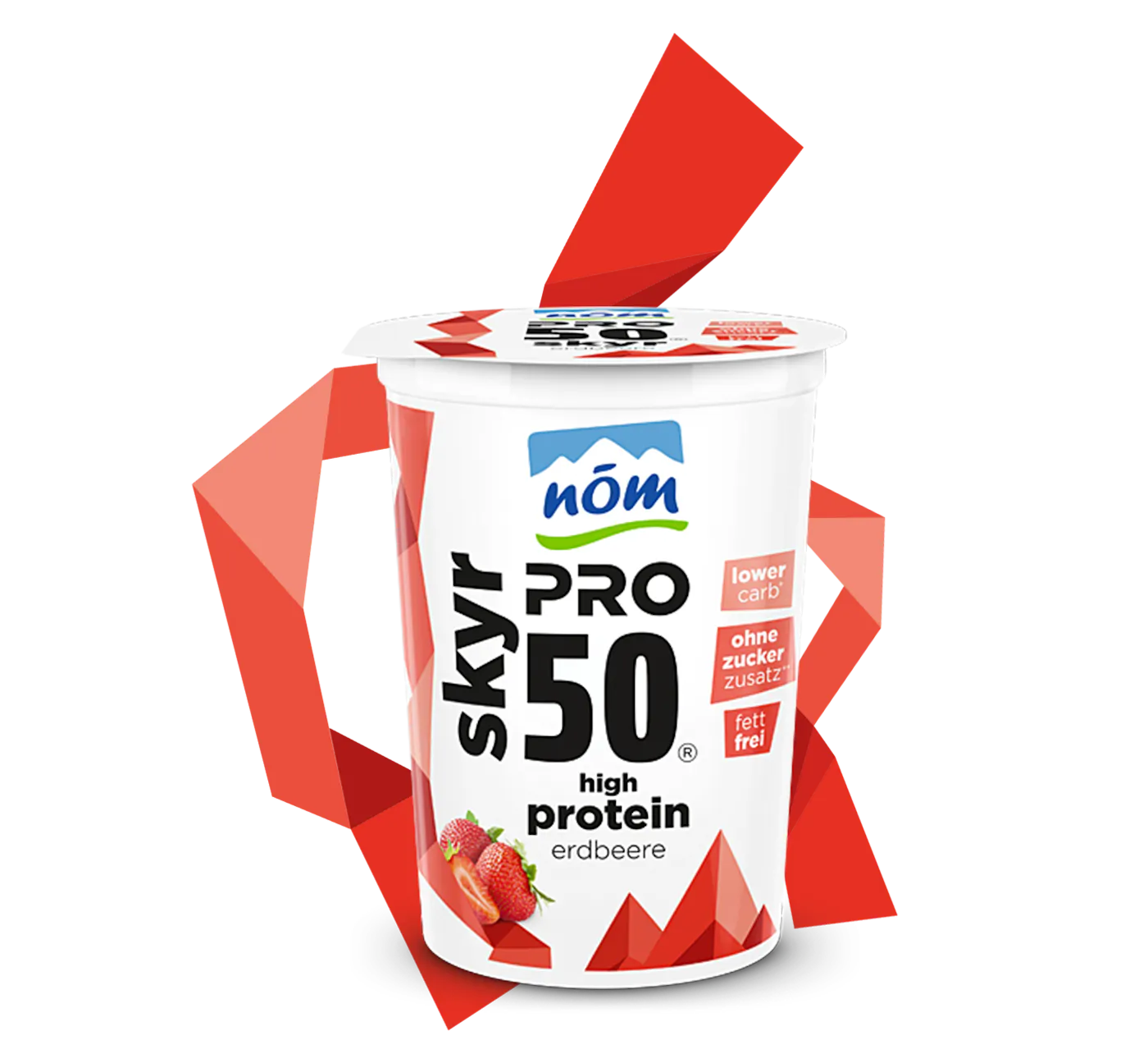 NOEM PRO Skyr Erdbeere 500g im weißen Becher mit roten Formen und der Aufschrift High Protein, lower carb, ohne Zuckerzusatz und fettfrei