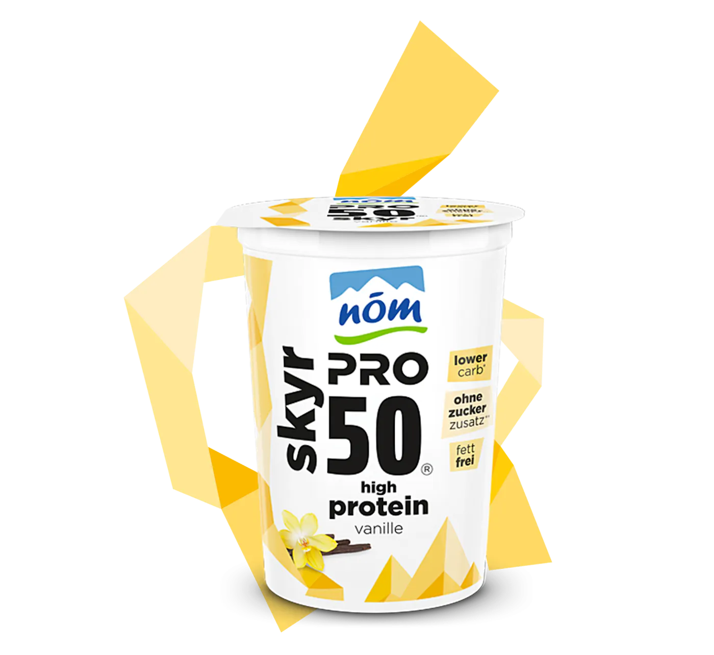 NOEM PRO Skyr Vanille 500g Becher mit der Aufschrift lower carb, ohne Zuckerzusatz und fettfrei und einer gelben Banderole