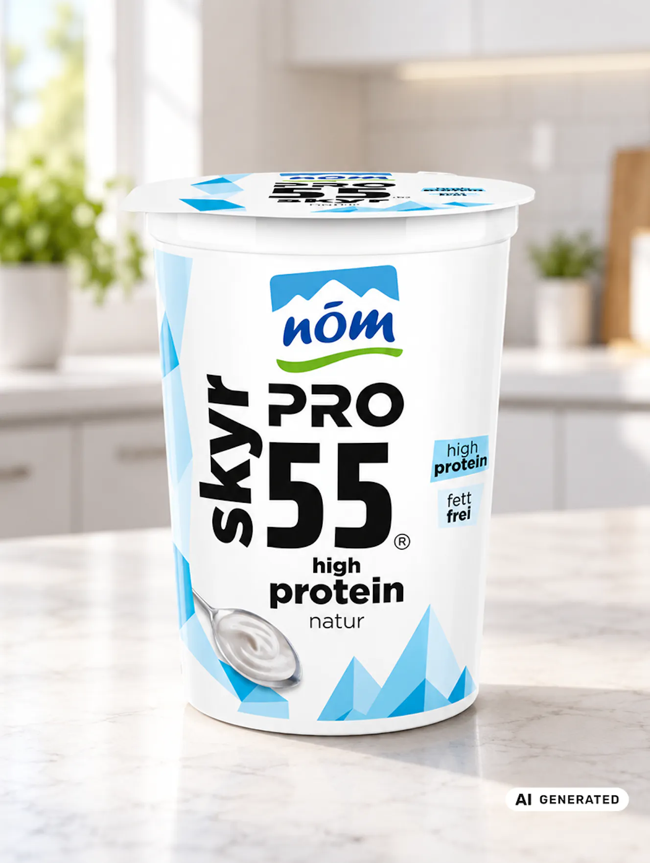 NÖM PRO Skyr Natur im weißen Becher mit blauem Design auf einer hellen Küchenarbeitsplatte in einer modernen, cleanen Küche. Der Produktbecher steht im Fokus, im Hintergrund sind dezent unscharfe Küchenelemente und grüne Pflanzen zu sehen. - teilweise KI-generiert