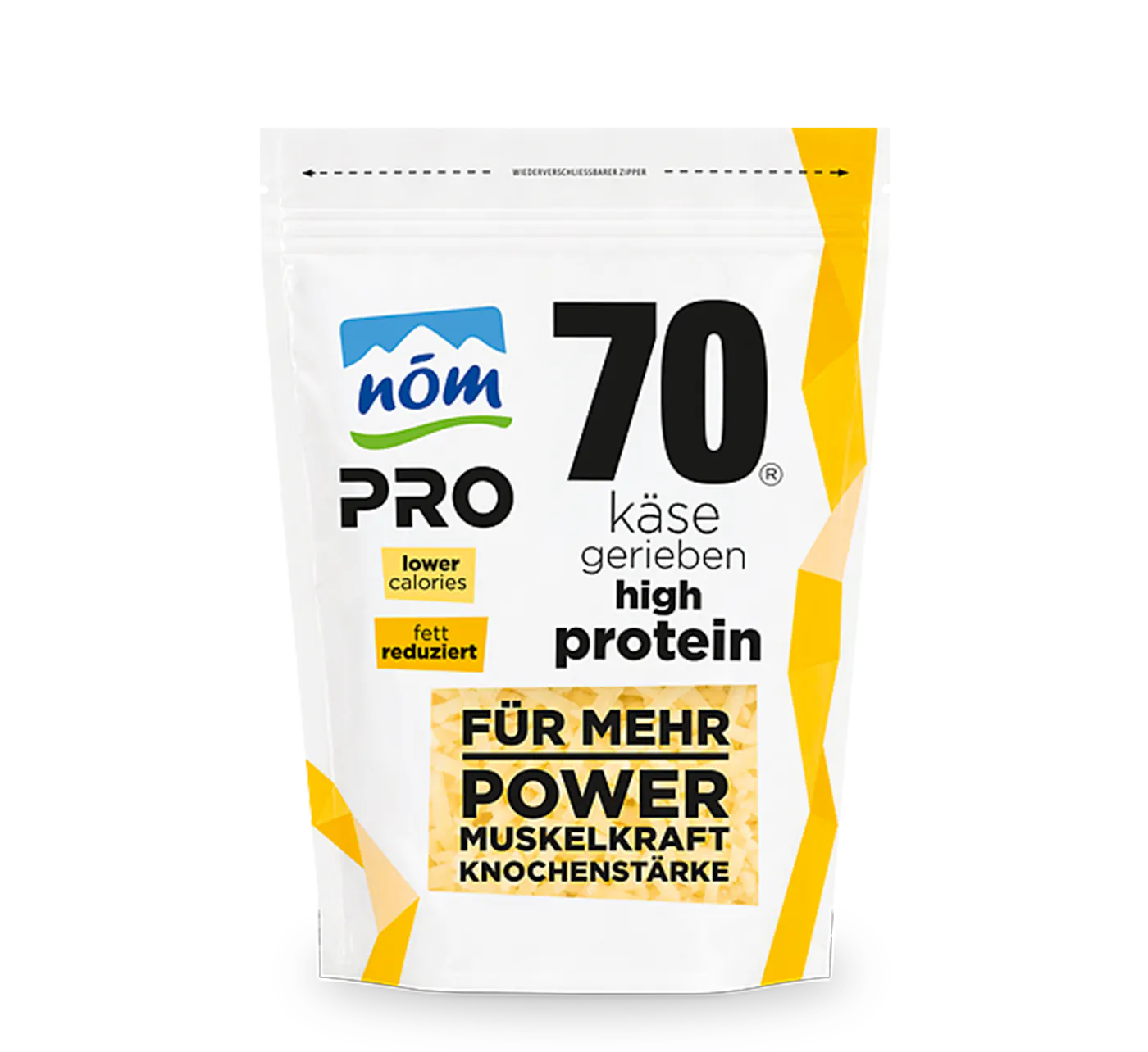NÖM PRO Streukäse in gelb-weißer Verpackung mit schwarzer Aufschrift und 70 g Protein