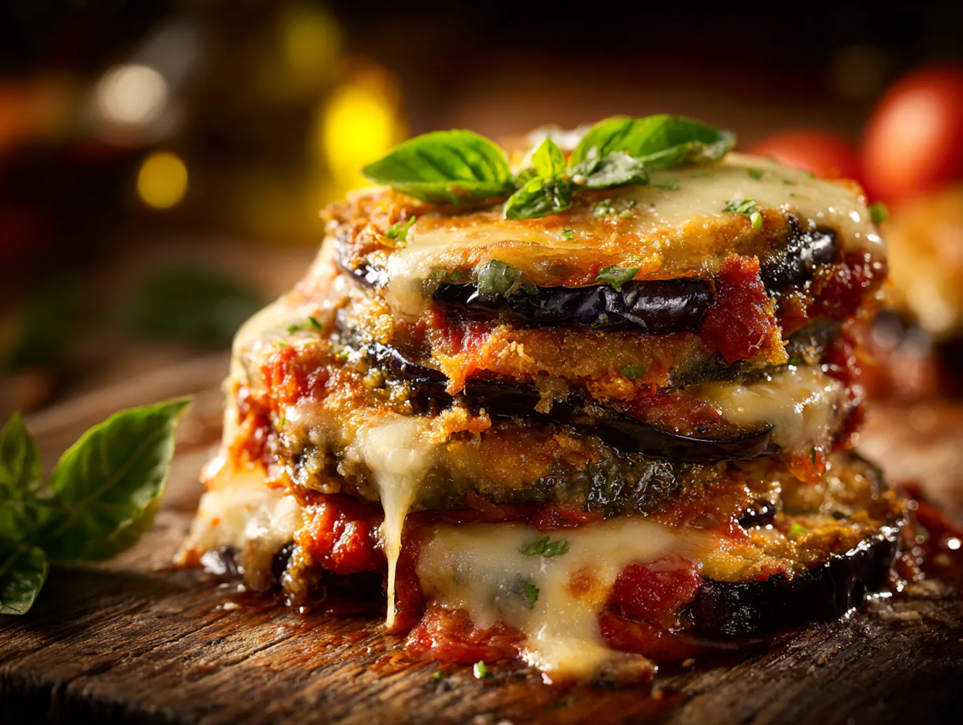 Parmigiana di Melanzane in einem rustikalen Holsetting. Geschichtete Melanzani mit Käse, Tomatensauce, Bechamel und frischem Basilikum.
