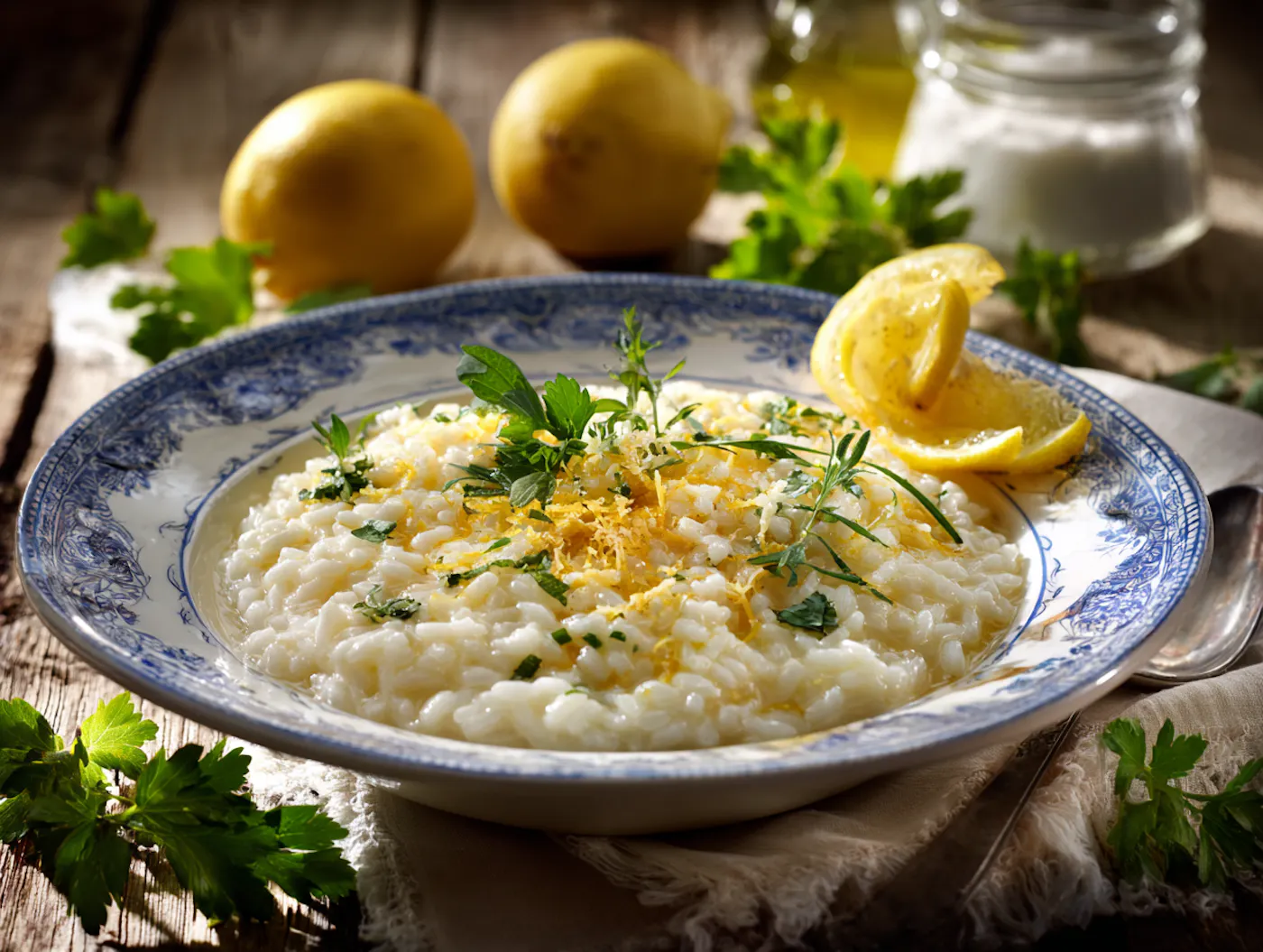 Cremiges Risotto mit Zitronenzesten und frischen Kräutern, serviert auf einem typisch italienischem Teller. Im Hintergrund sieht man weitere frische Kräuter und Zitronen
