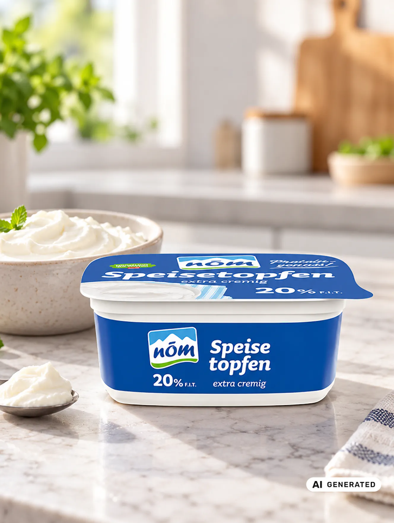 NÖM Speisetopfen 20 % auf einer hellen Küchenarbeitsplatte, ergänzt durch eine Schale und einen Löffel mit cremigem Topfen. - teilweise KI-generiert