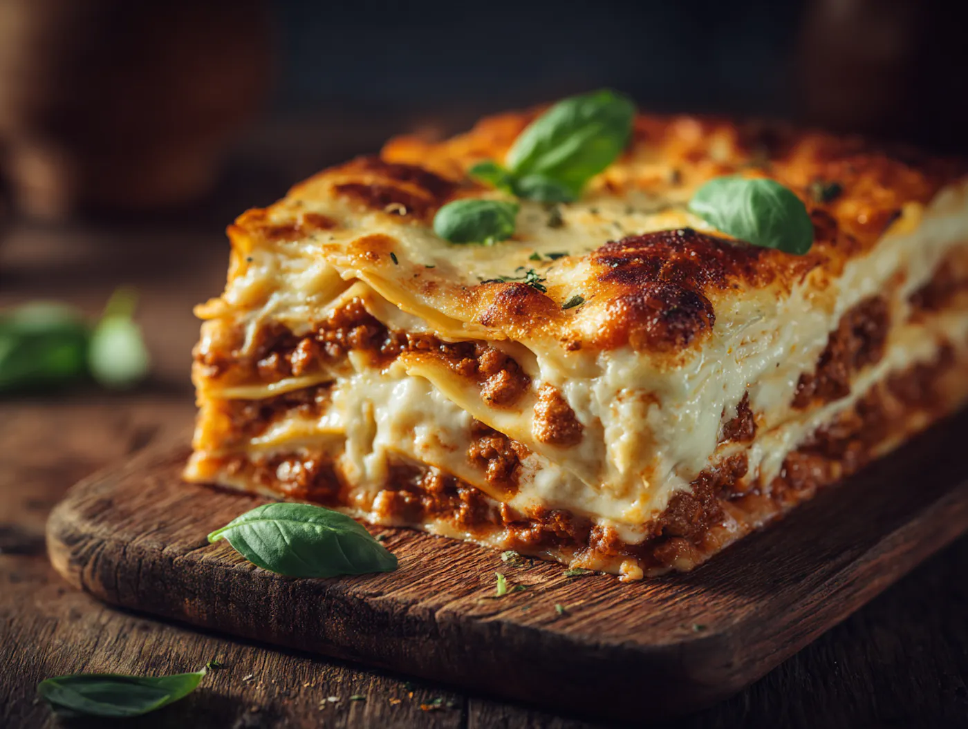 Eine klassisch geschichtete Lasagne mit Nudelplatten, Bolognese und Bechamel. Garniert ist das Ganze mit frischem Basilikum und auf einer rustikalen Holzplatte angerichtet.