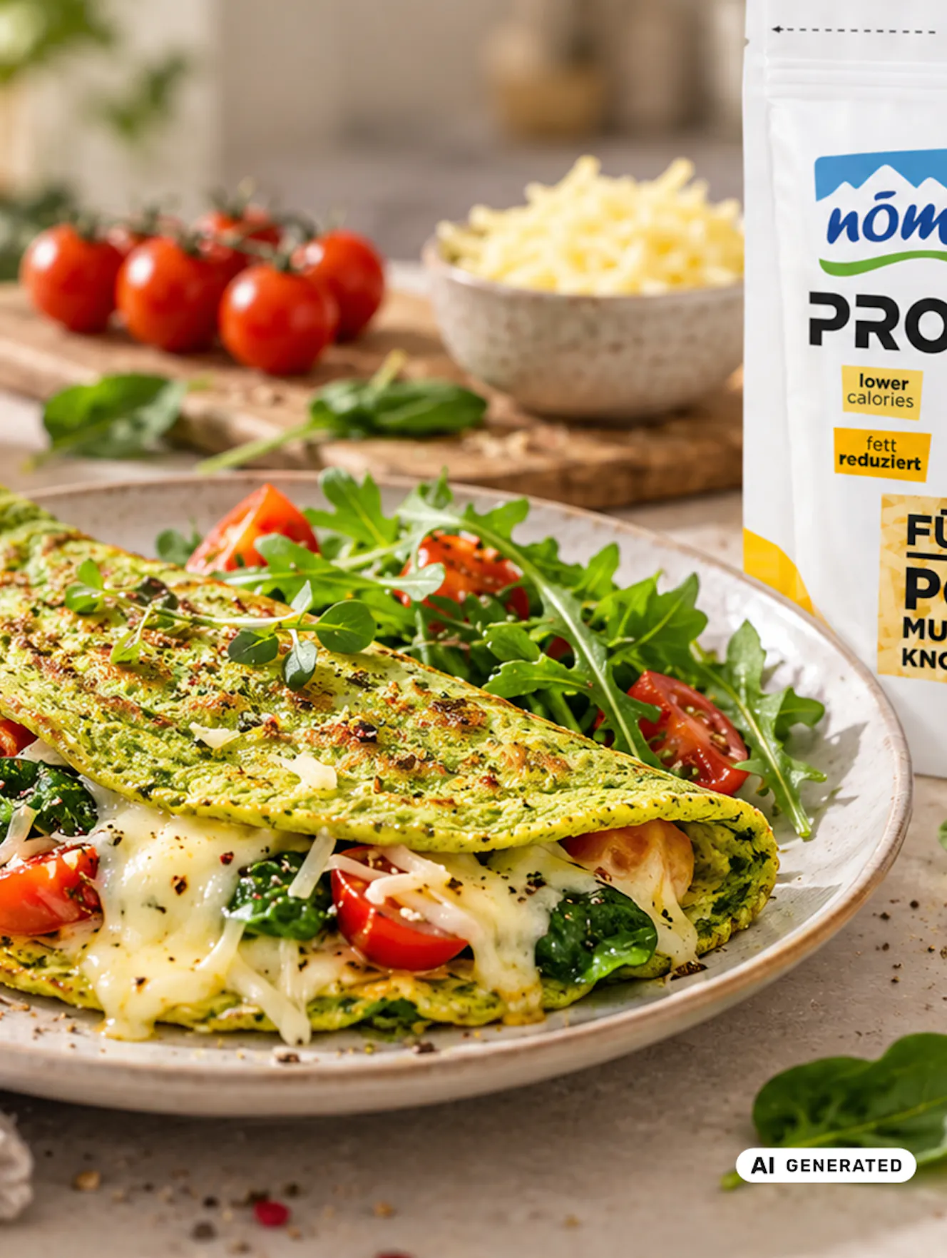 Green Protein Omelette mit NÖM PRO Käse Green Protein Omelette mit Spinat, geschmolzenem Käse und Tomaten, serviert mit Rucola und frischen Tomaten. Im Hintergrund steht eine Packung NÖM PRO Käse gerieben neben einer Schale mit geriebenem Käse. - teilweise KI-generiert