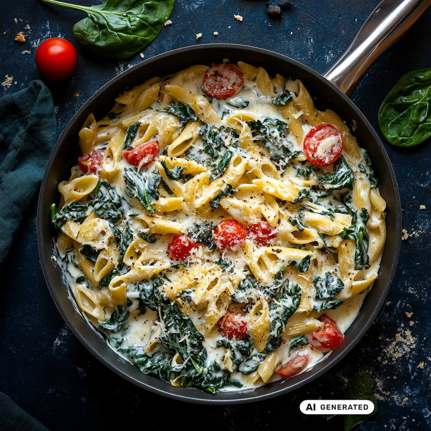Penne in cremiger Sauce mit Spinat und Cherrytomaten, garniert mit Käse und frischem Blattspinat in Pfanne auf dunkler Oberfläche. - teilweise KI-generiert