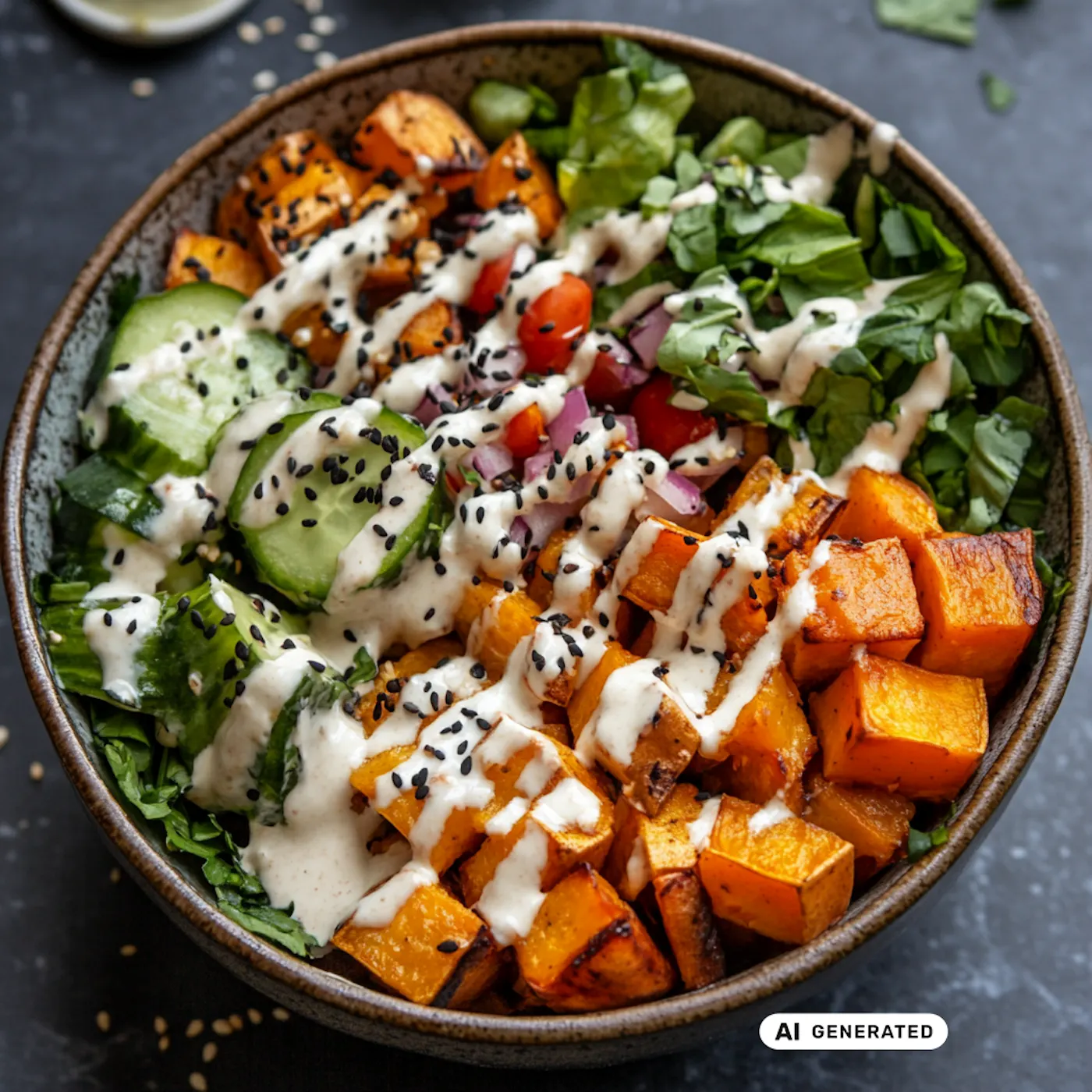 Orientalische Bowl mit Süßkartoffel, Gurke, Tomaten, grünen Blättern, Sesam und cremigem Dressing - teilweise KI-generiert
