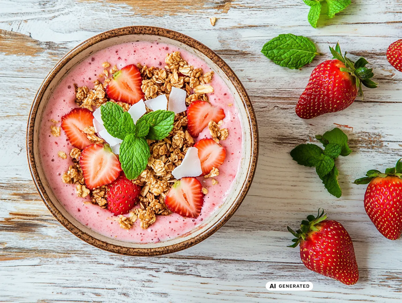 Schüssel mit Erdbeer-Smoothie, Granola, Kokosflocken und Minze auf Holzuntergrund mit frischen Erdbeeren - teilweise KI-generiert
