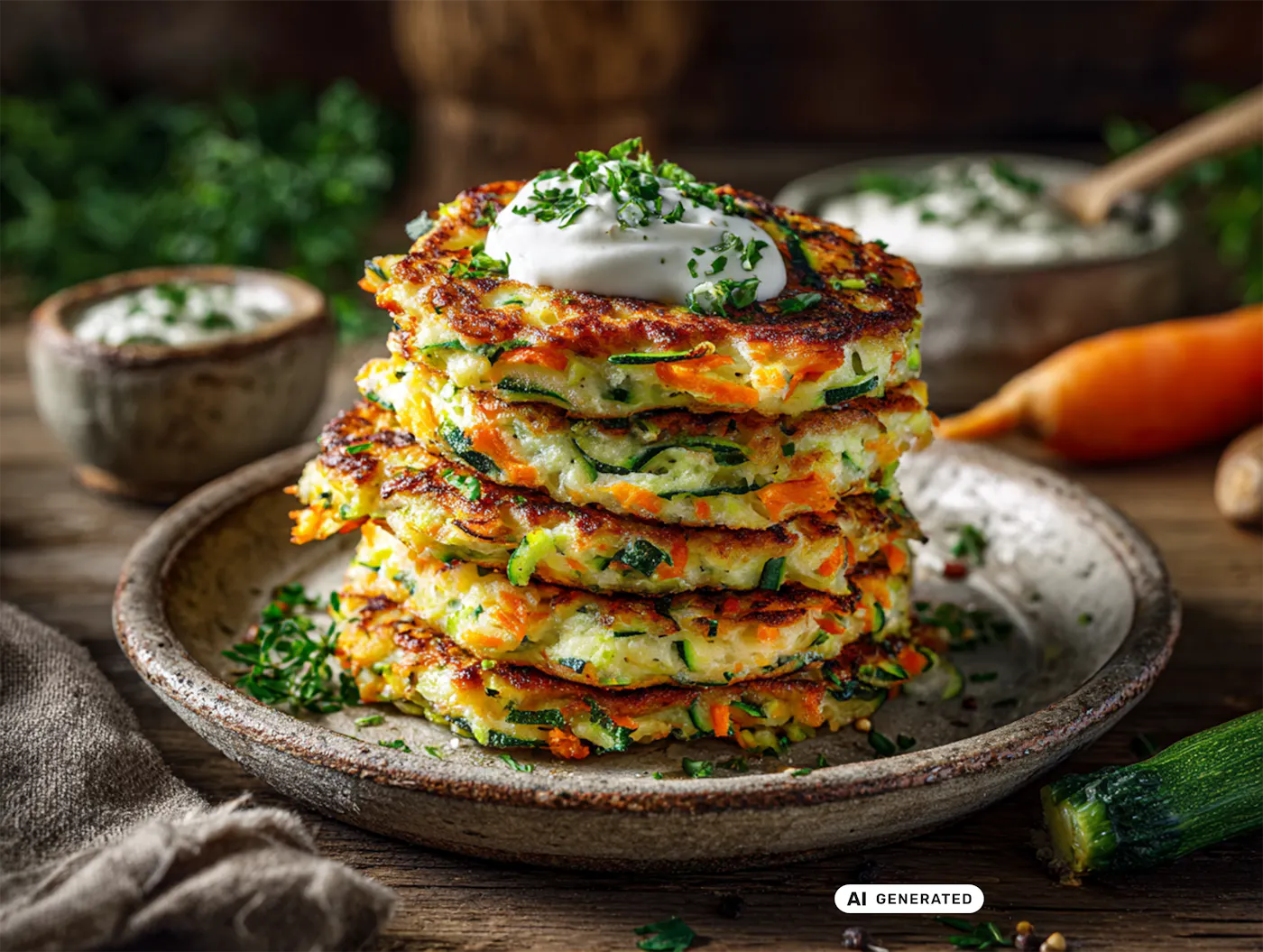 Herzhafte Gemüse-Pfannkuchen aus Karotten und Zucchini getoppt mit Cottage Cheese und frischen Kräutern - teilweise KI-generiert