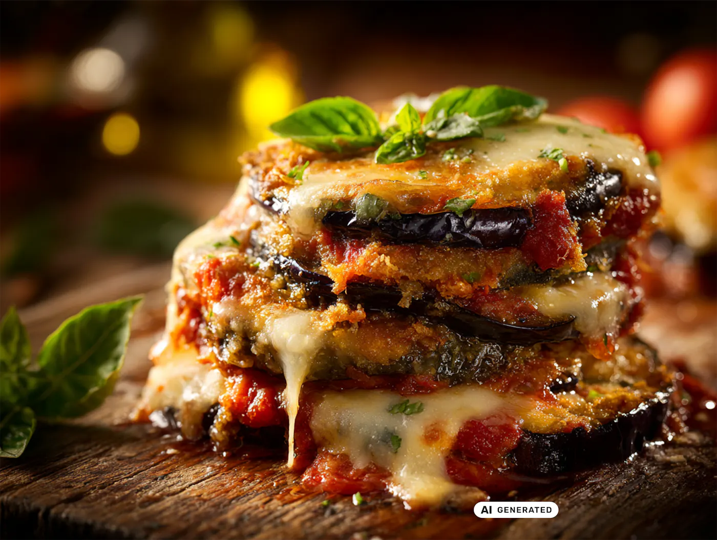 NÖM Parmigiana di Melanzane Parmigiana di Melanzane in einem rustikalen Holsetting. Geschichtete Melanzani mit Käse, Tomatensauce, Bechamel und frischem Basilikum.