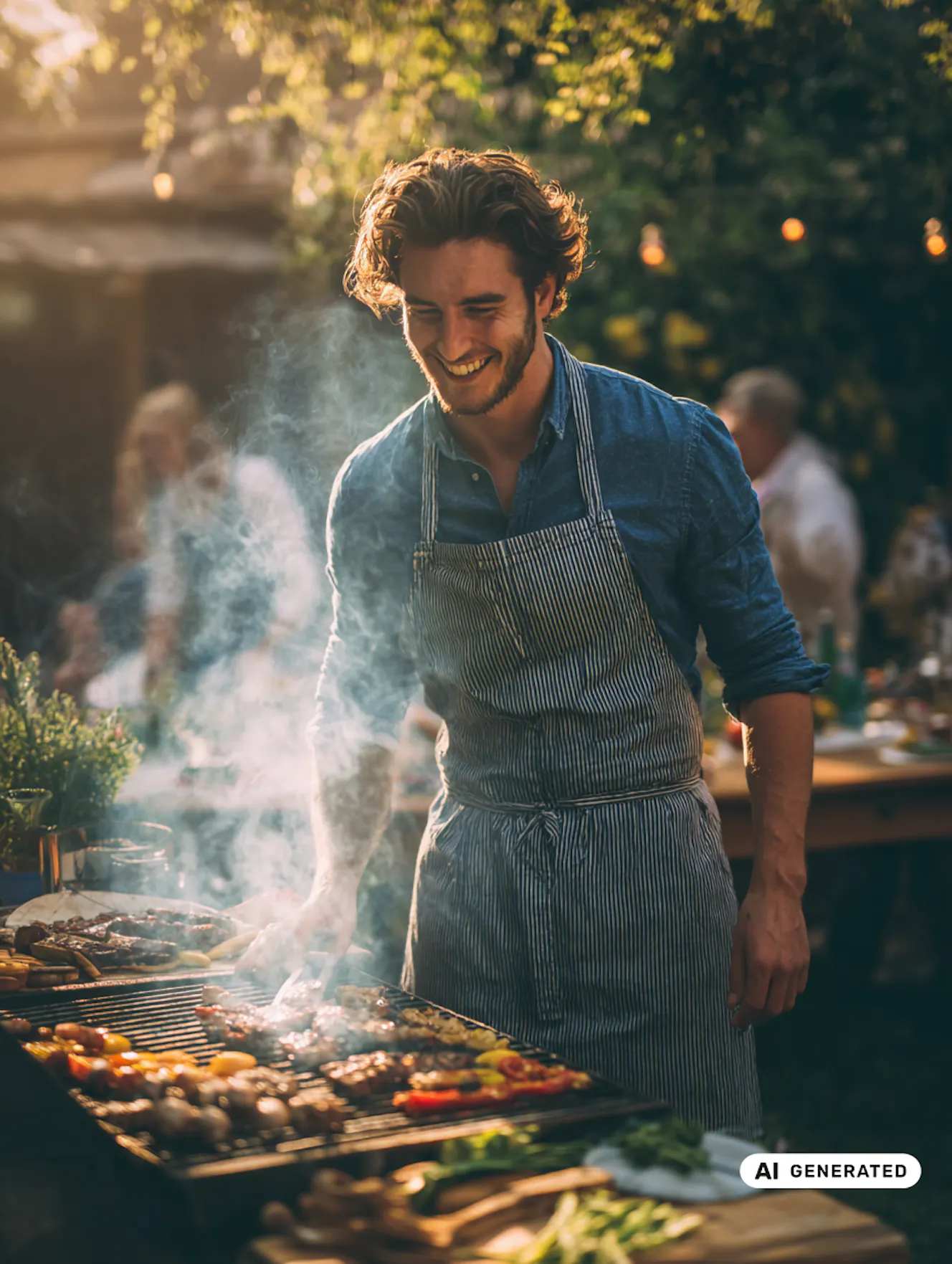 Person mit Schürze grillt bei Outdoor-Event, Rauch steigt auf, Essen auf Grill, Menschen und gedeckte Tische im Hintergrund. Person mit Schürze grillt bei Outdoor-Event, Rauch steigt auf, Essen auf Grill, Menschen und gedeckte Tische im Hintergrund.