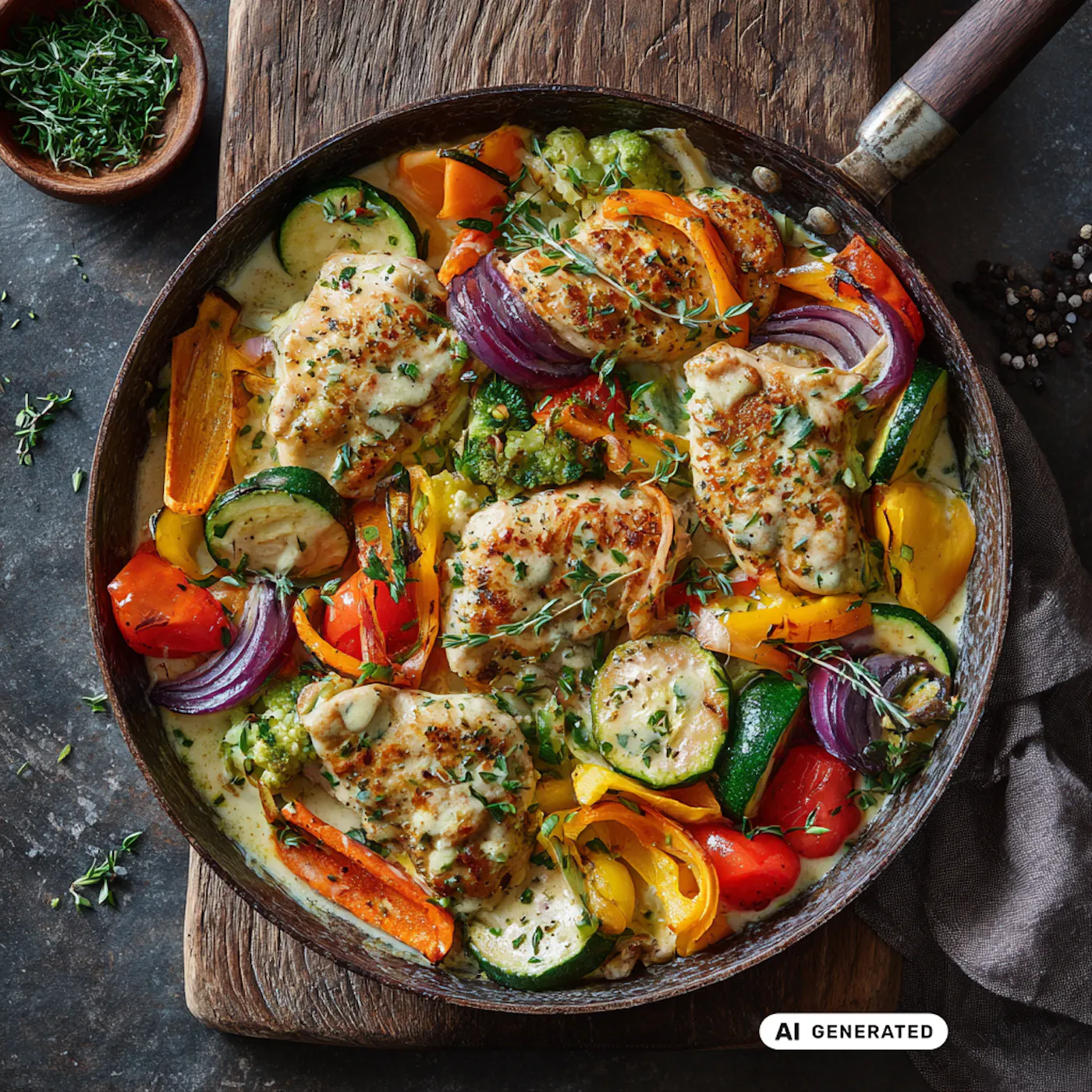 Pfanne mit gebratenen Hühnerbruststücken, buntem Gemüse wie Paprika, Zucchini, Brokkoli und frischen Kräutern. - teilweise KI-generiert