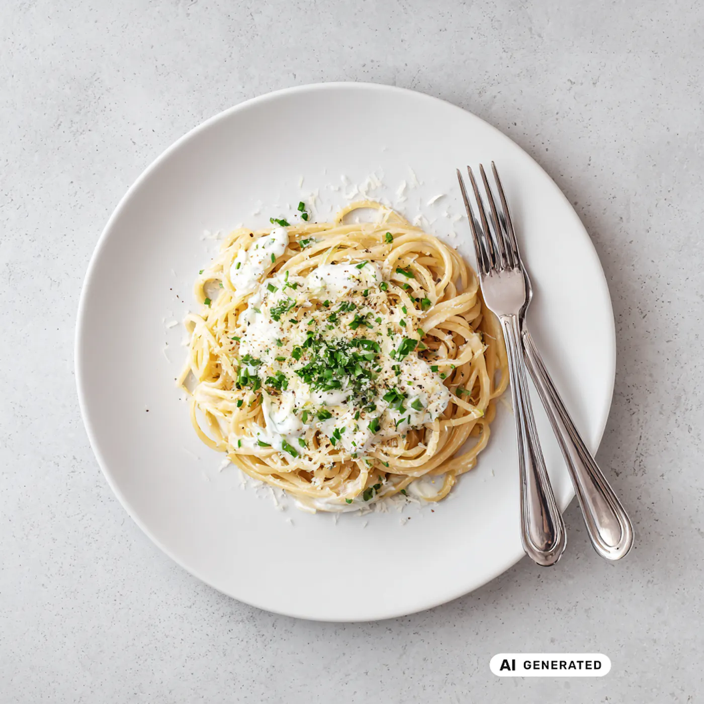 Teller Spaghetti mit weißer Sauce und grünen Kräutern, daneben liegen Gabel und Löffel. - teilweise KI-generiert