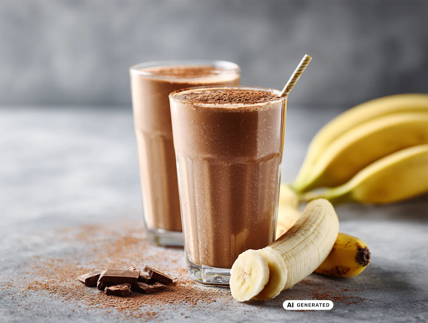 Zwei Gläser NÖM PRO Schokoladen Smoothie vor reifen Bananen dekoriert mit Schokolade und Kakaopulver - teilweise KI-generiert