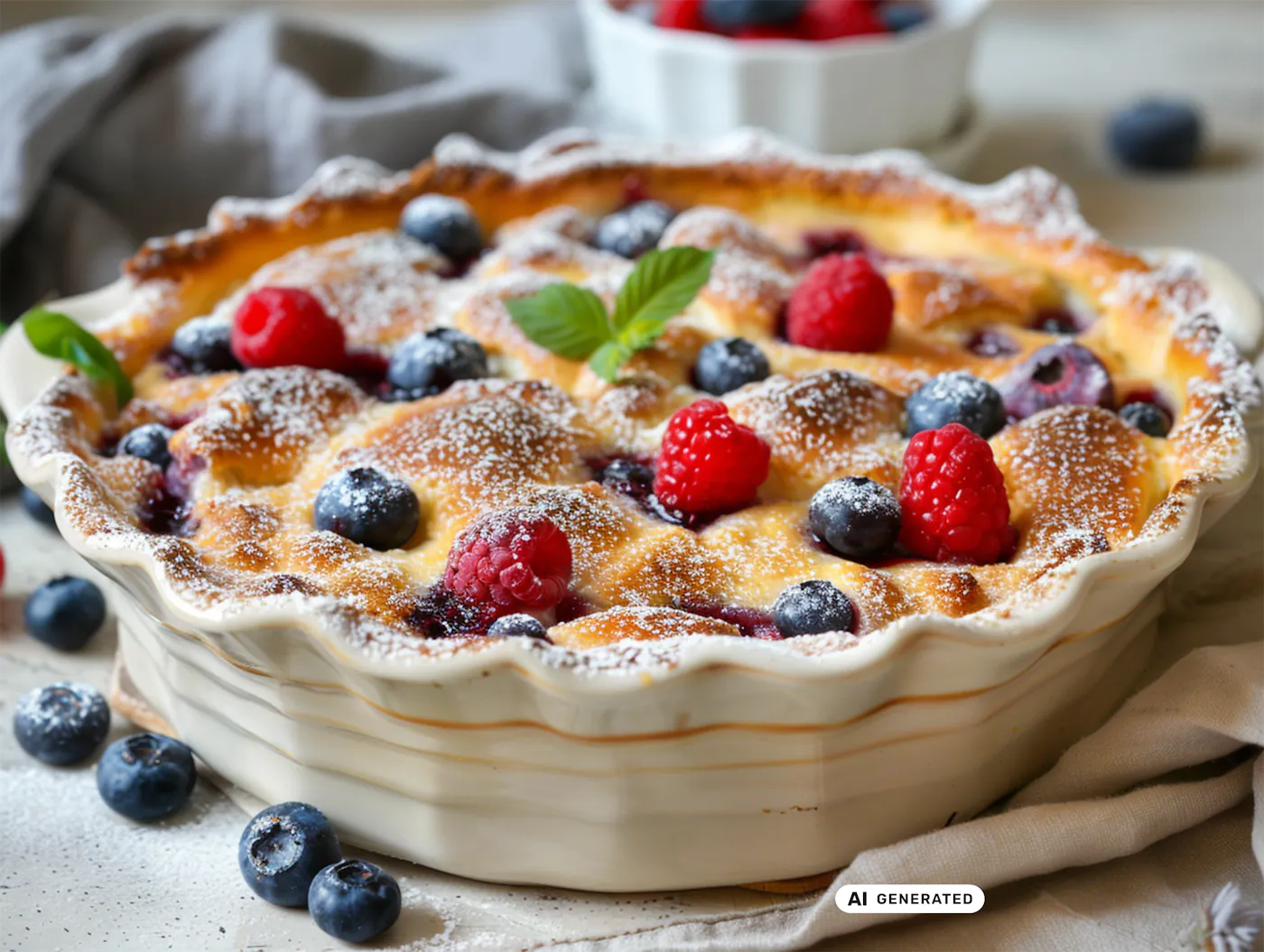 Ein Skyr-Topfen Auflauf mit frischen Beeren dekoriert und einem Blatt frischer Minze garniert. - teilweise KI-generiert