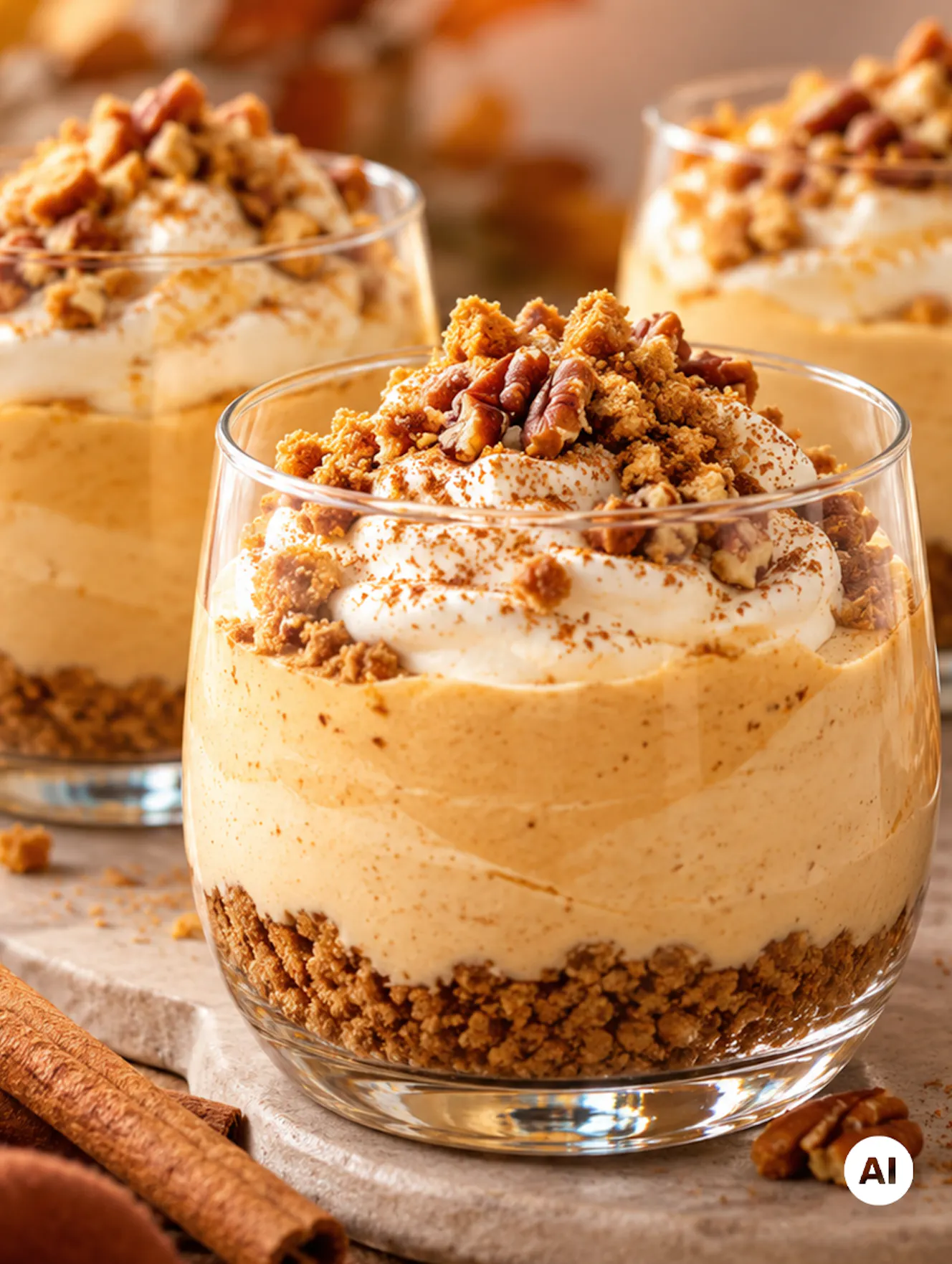Pumpkin Spice Skyr-Cheesecake im Glas mit knusprigem Keksboden, cremiger Kürbis-Skyr-Füllung und Vanille-Topping, garniert mit Pekannüssen, Keksbröseln und Zimt. - teilweise KI-generiert