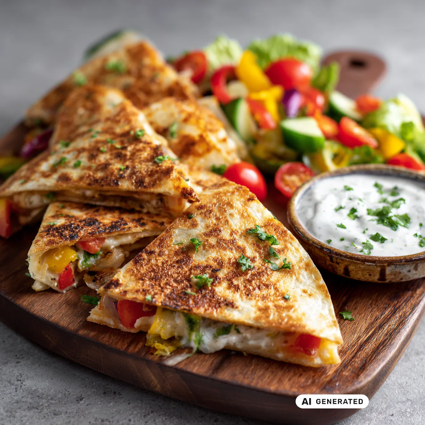 goldbraune Quesadilla mit Gemüse und Skyr-Dip - teilweise KI-generiert