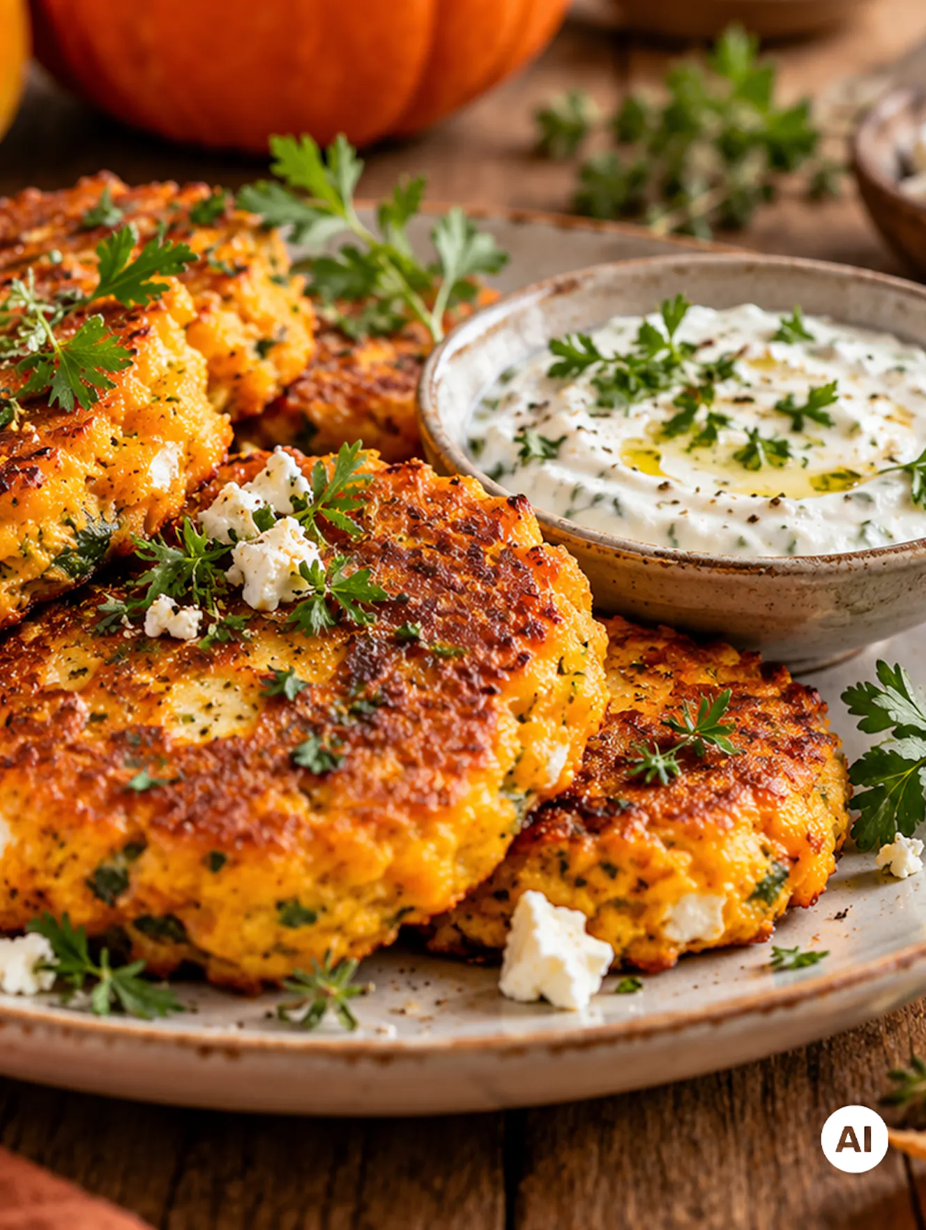 Knusprige Kürbis-Skyr-Laibchen mit Feta und Petersilie auf einem Keramikteller, serviert mit cremigem Kräuter-Skyr-Dip. - teilweise KI-generiert
