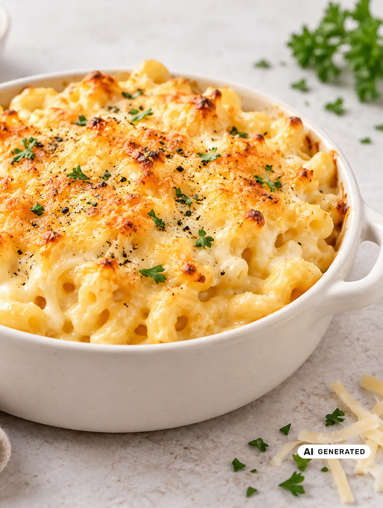 Cremiges High Protein Mac and Cheese mit goldbraun überbackenem Käse in einer weißen Auflaufform, garniert mit Petersilie und schwarzem Pfeffer. - teilweise KI-generiert