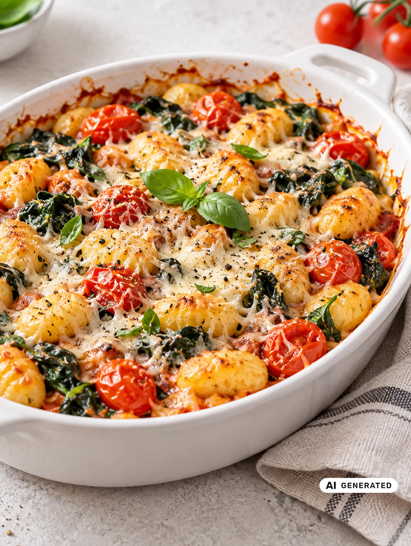 Gnocchi High Protein Ofen-Gnocchi mit NÖM PRO Käse High Protein Ofen-Gnocchi mit Tomaten und Spinat, mit geriebenem Käse goldbraun überbacken und mit frischem Basilikum garniert, serviert in einer weißen Auflaufform. - teilweise KI-generiert