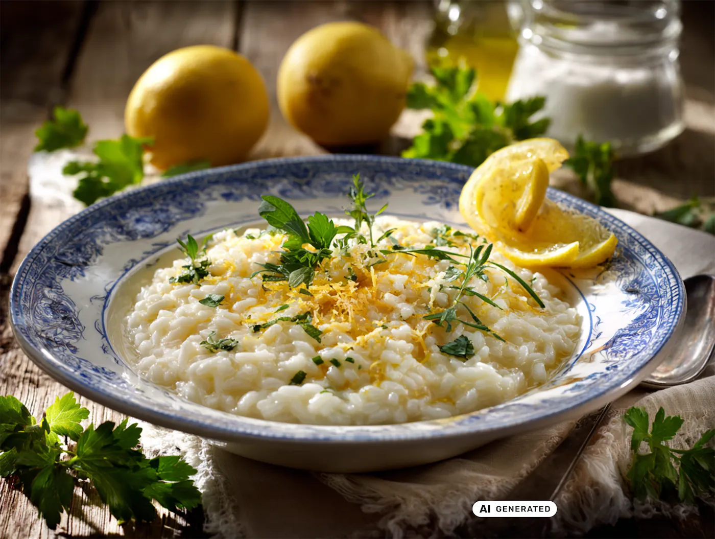 Cremiges Risotto mit Zitronenzesten und frischen Kräutern, serviert auf einem typisch italienischem Teller. Im Hintergrund sieht man weitere frische Kräuter und Zitronen - teilweise KI-generiert