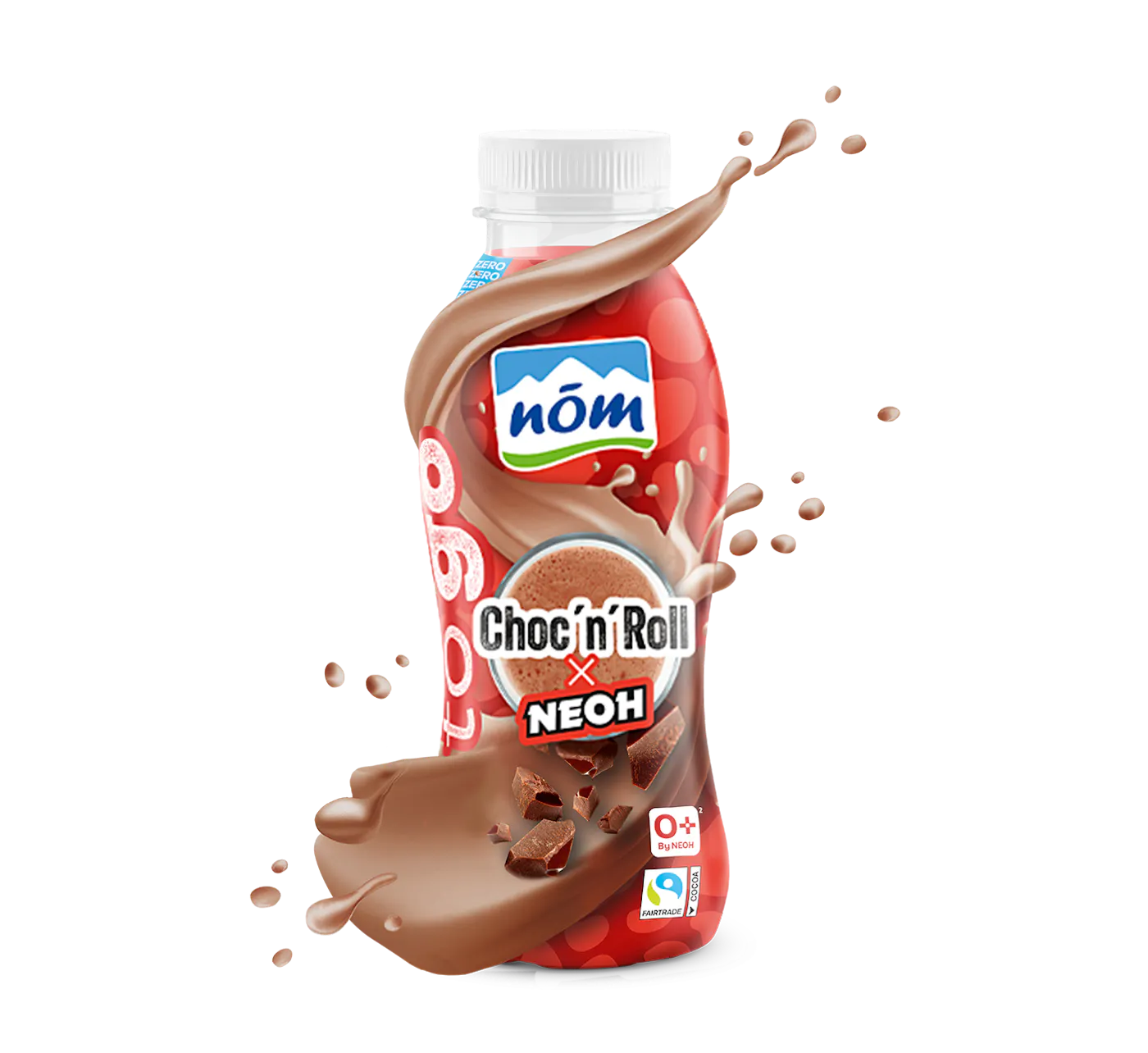 Rote Flasche mit der Aufschrift Chocn Roll x NEOH mit einem Glas Schokomilch und Schokostückchen Packshot
