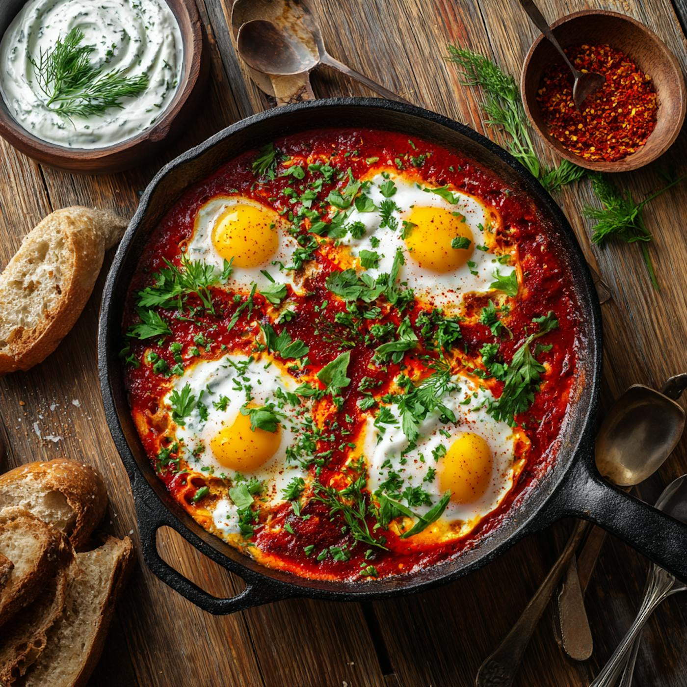 Shakshuka in einer Pfanne mit Baguette und Chili auf einem rustikalen Holztisch Shakshuka in einer Pfanne mit Baguette und Chili auf einem rustikalen Holztisch