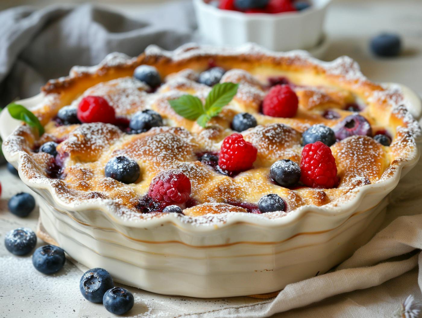 Ein Skyr-Topfen Auflauf mit frischen Beeren dekoriert und einem Blatt frischer Minze garniert.
