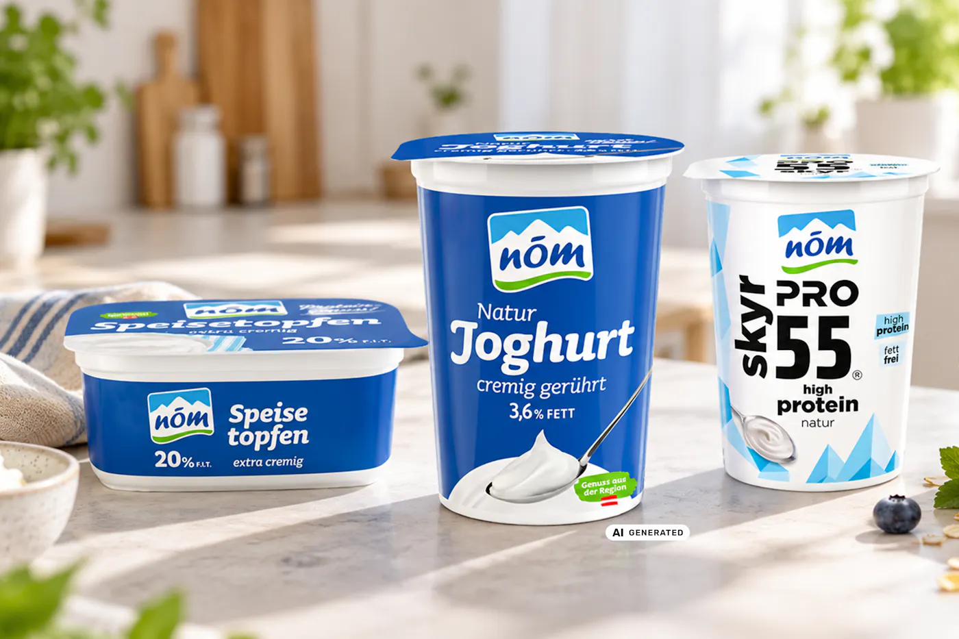 NÖM PRO Skyr Natur, NÖM Naturjoghurt und NÖM Speisetopfen gemeinsam auf einer hellen Küchenarbeitsplatte in einer modernen, cleanen Küche. Die drei Milchprodukte stehen im Fokus und werden von Haferflocken, Beeren und frischen Kräutern ergänzt. - teilweise KI-generiert