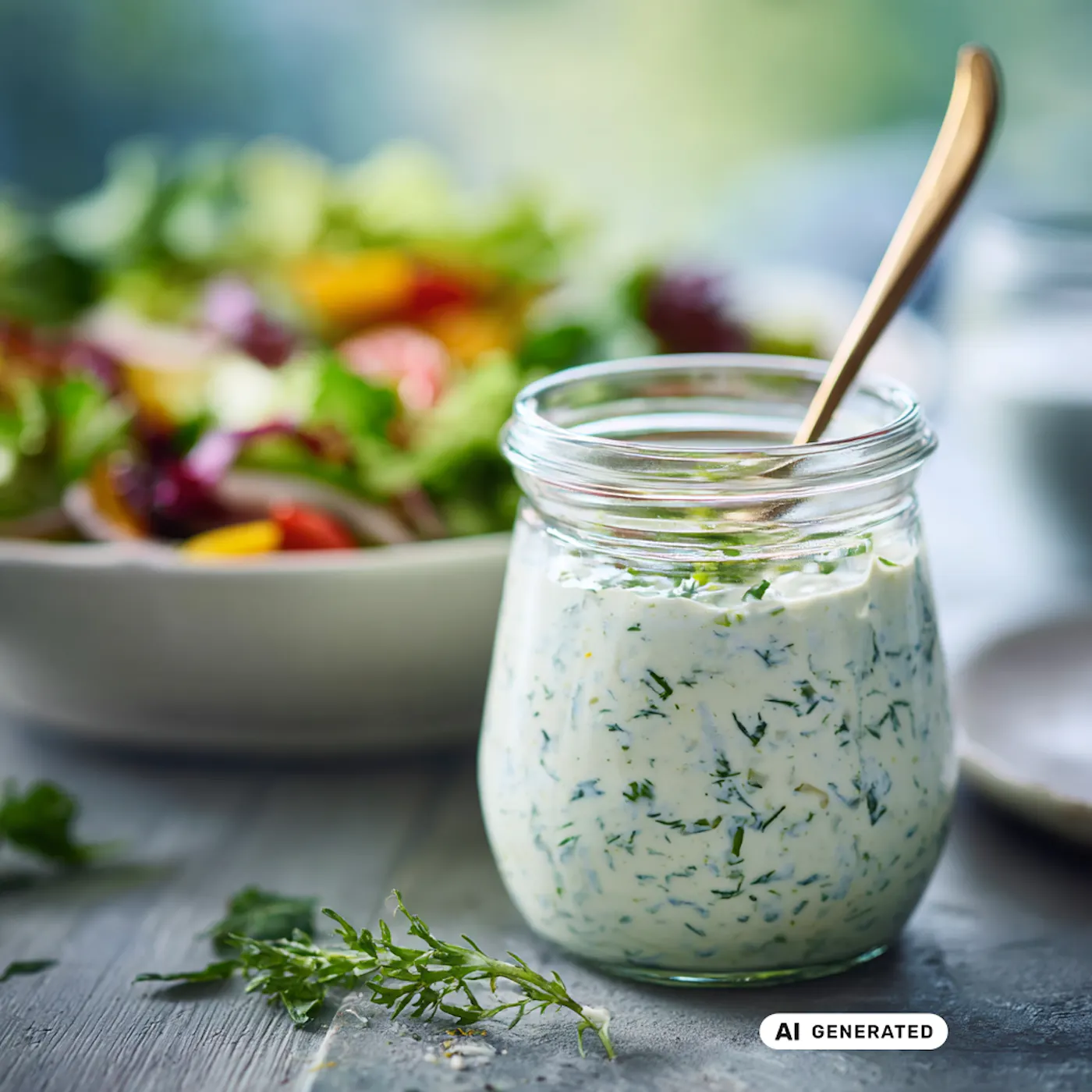 Ein Glas Skyr-Dressing mit Kräutern auf einem Holztisch, im Hintergrund ist eine Schüssel Salat zu sehen - teilweise KI-generiert