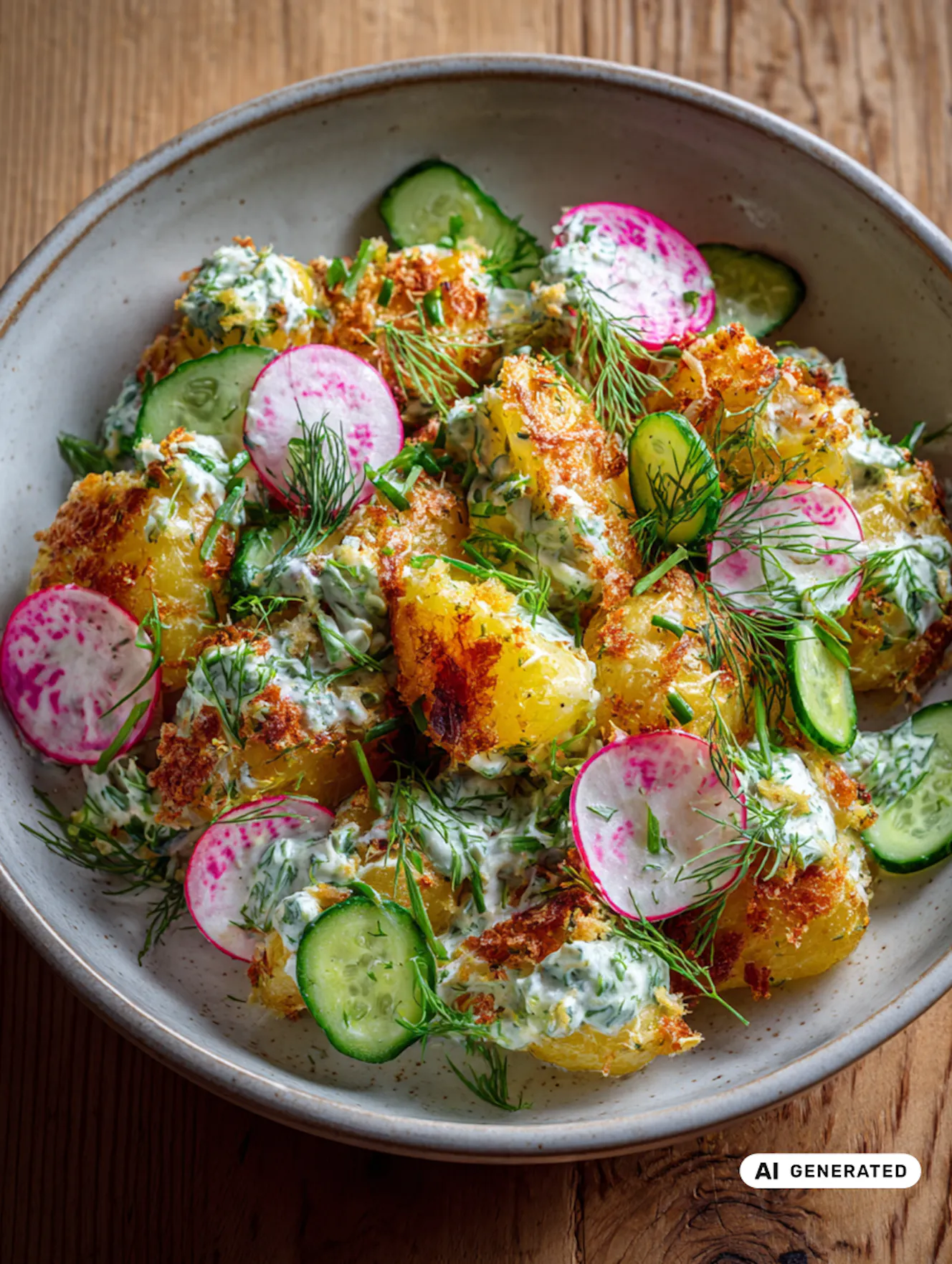 Crispy Smashed Potato Salad mit NÖM Sauerrahm - teilweise KI-generiert