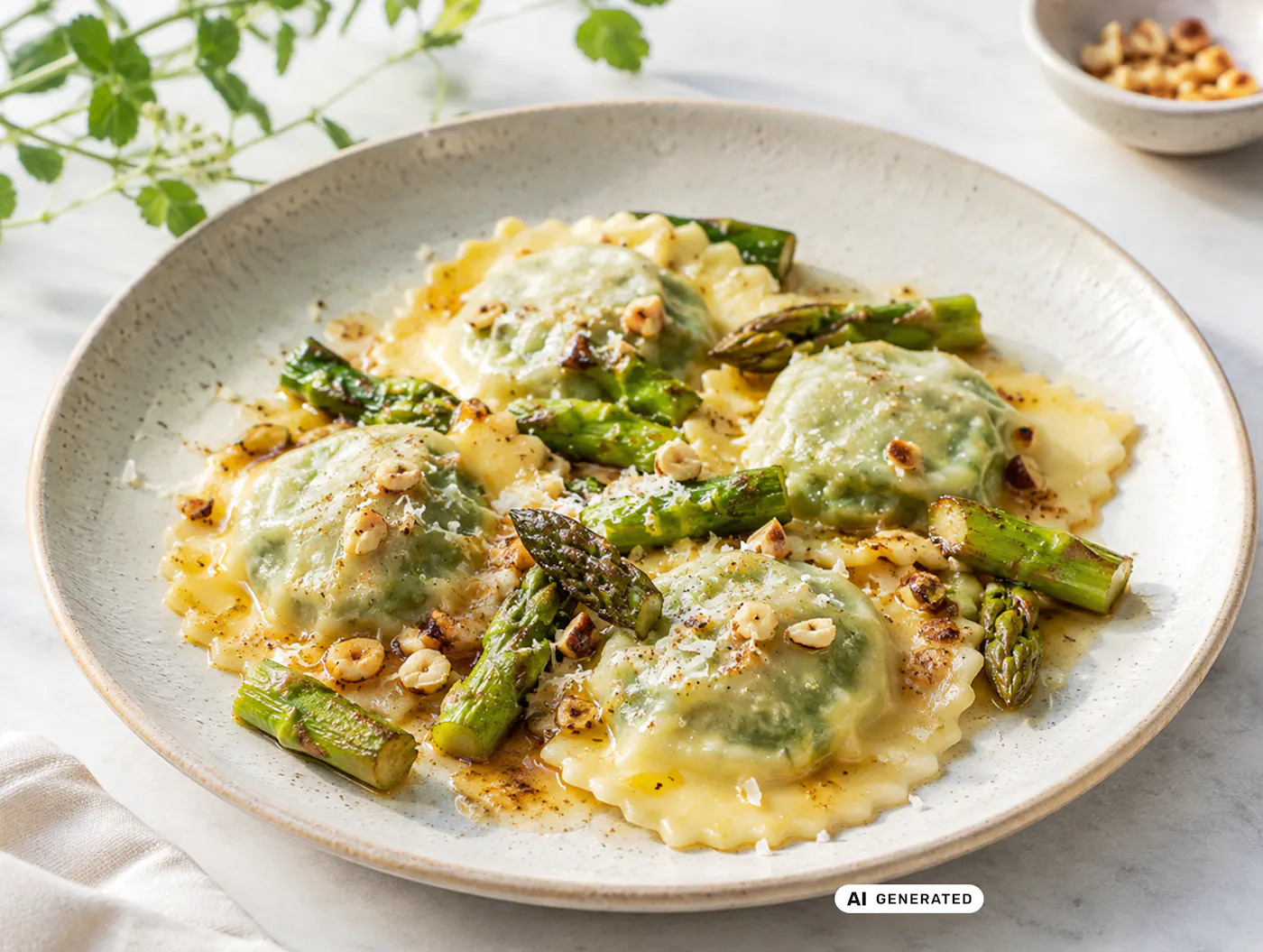 Spinat-Ravioli mit grünem Spargel, brauner Butter und gerösteten Haselnüssen - teilweise KI-generiert