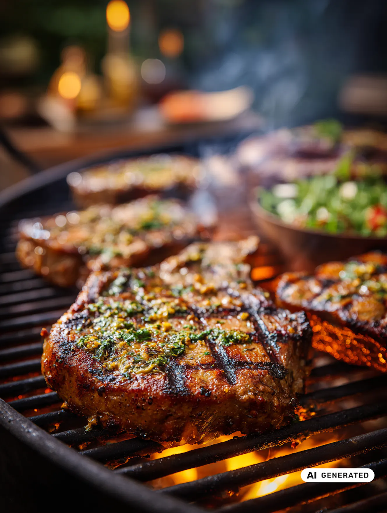 Mehrere gewürzte Steaks mit Grillstreifen und Kräutern auf Grill, dahinter Schüssel mit Gemüse, Abendstimmung im Freien. - teilweise KI-generiert