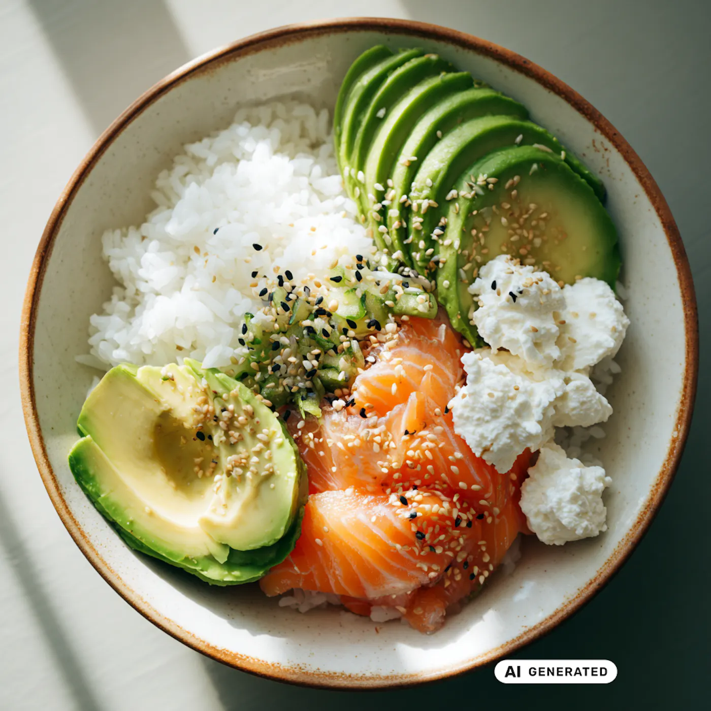 Eine weiße Schüssel mit Reis, Avocado, Lachs und Cottage Cheese, gewürzt mit verschiedenen Kräutern - teilweise KI-generiert