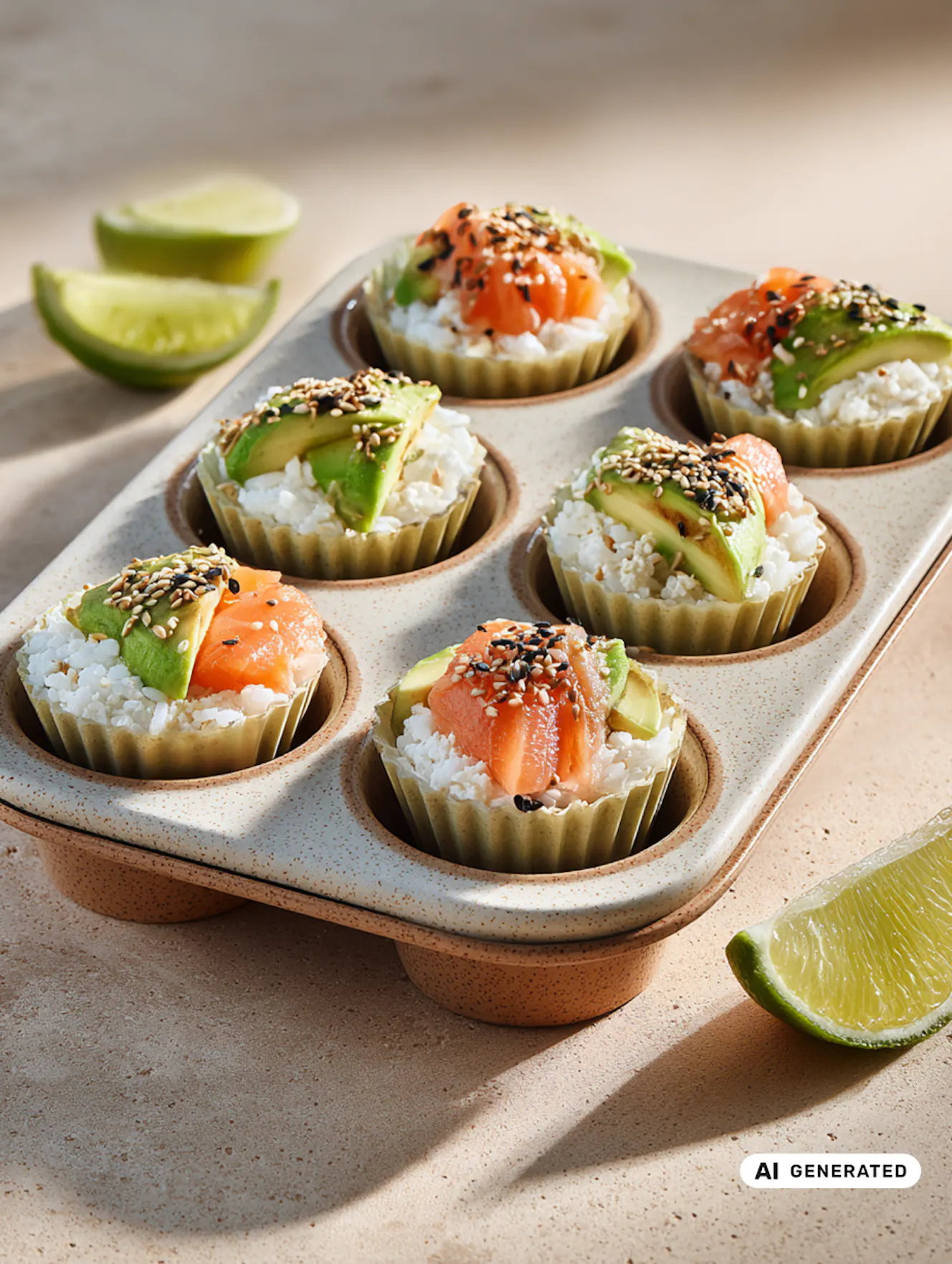 moderne Sushi-Cups ind Muffinförmchen mit Sesam, Avocado und Lachs - teilweise KI-generiert